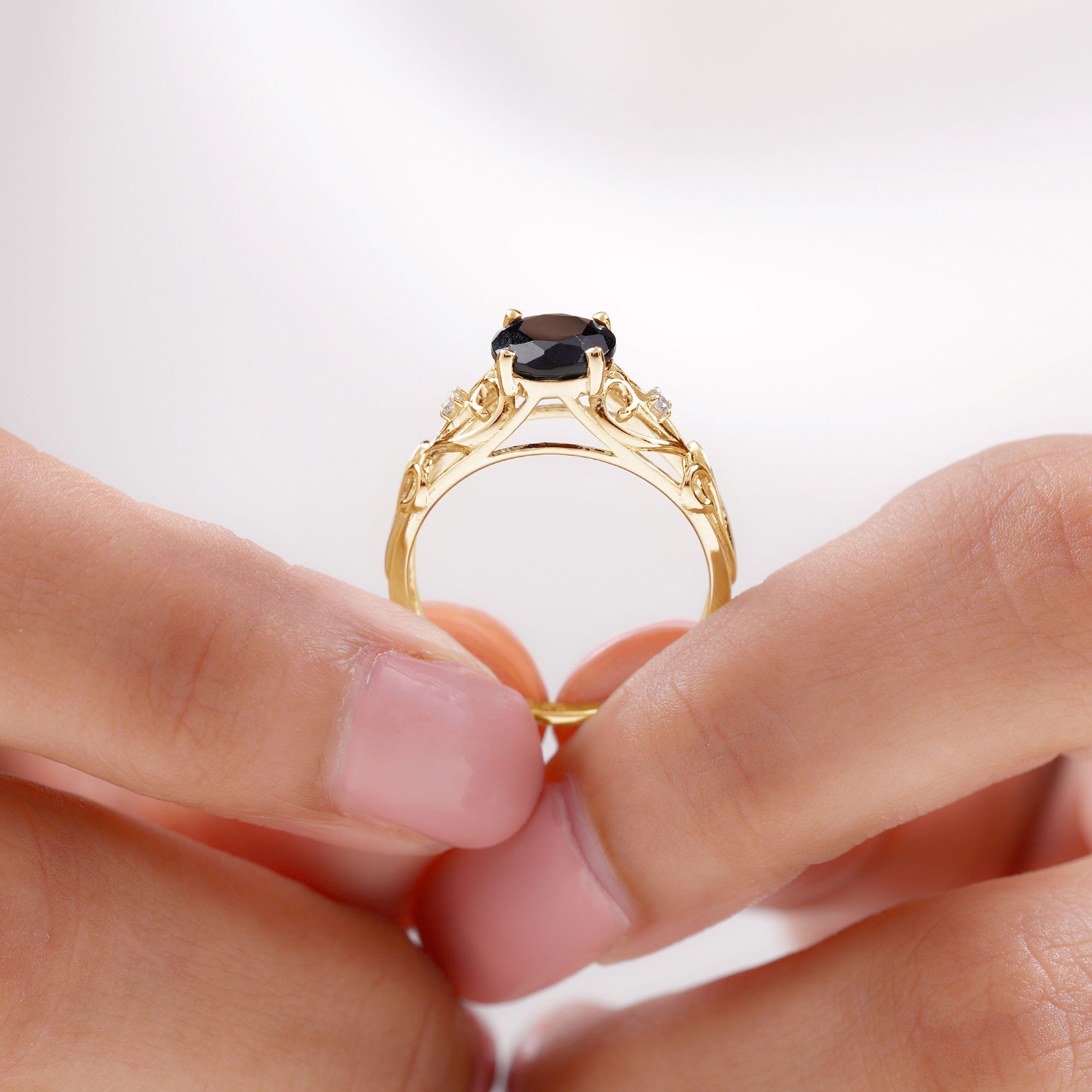 Filigree Engagement Ring with Black Onyx and Diamond Black Onyx - ( AAA ) - Quality - Rosec Jewels