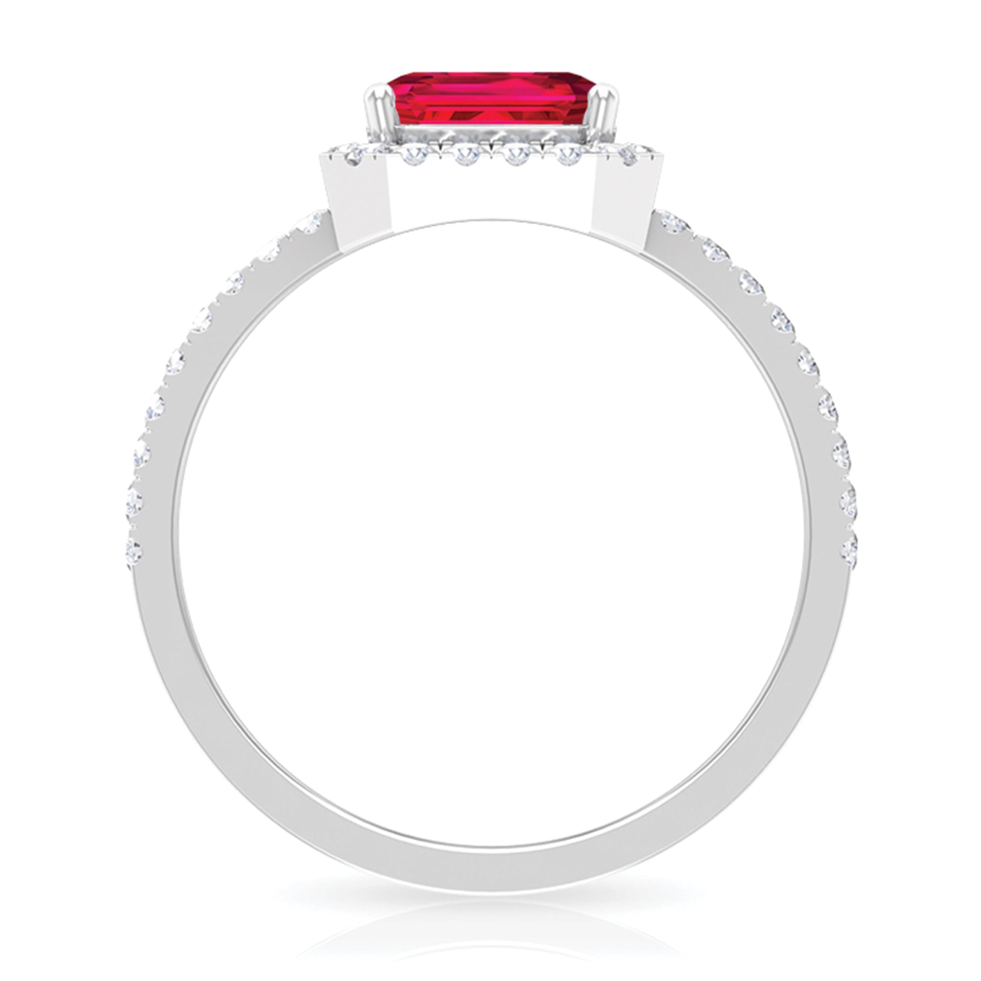 Emerald Cut Lab Grown Ruby Engagement Ring with Diamond Halo Lab Created Ruby - ( AAAA ) - Quality - Rosec Jewels