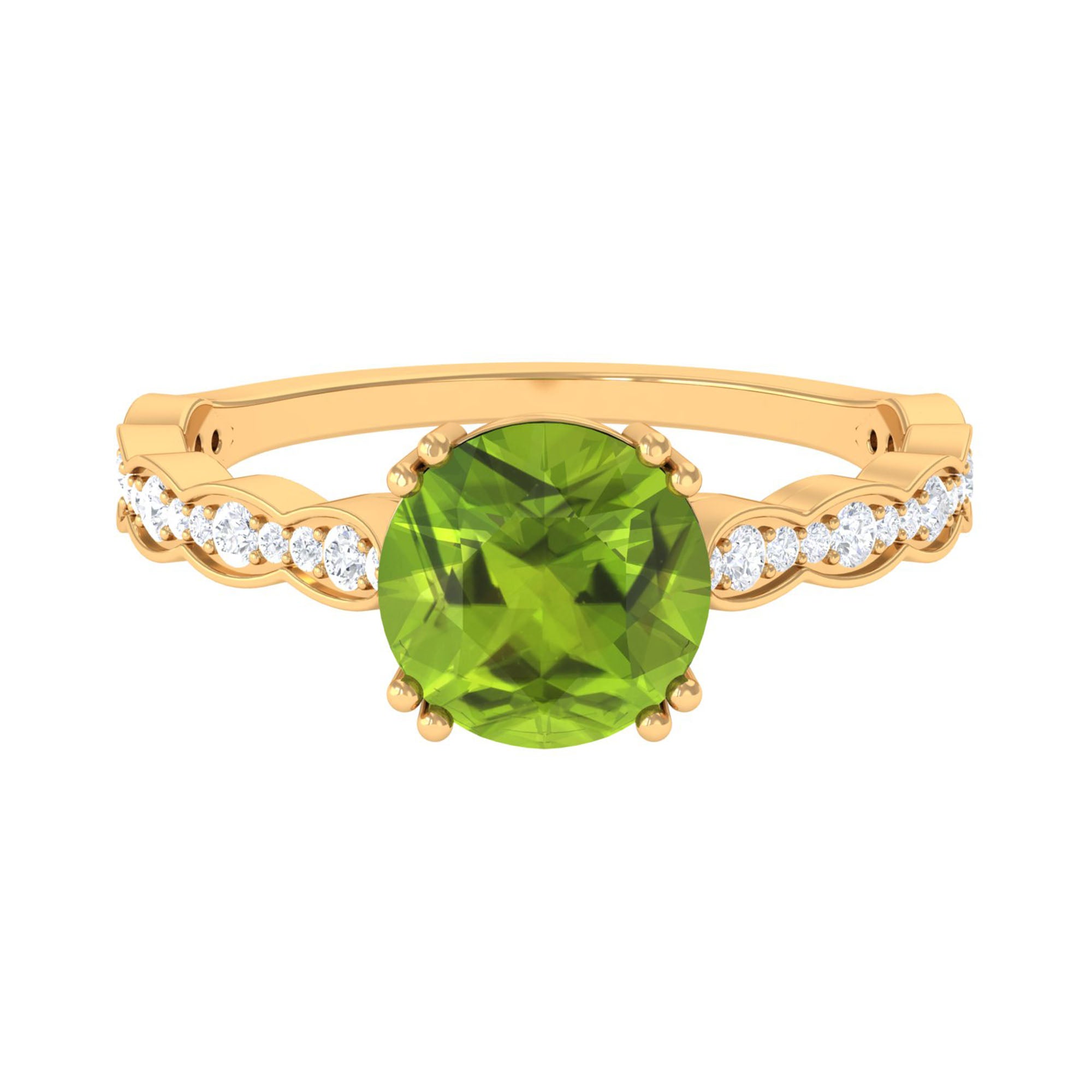 Double Prong Set Peridot Solitaire Ring with Diamond Side Stones Peridot - ( AAA ) - Quality - Rosec Jewels