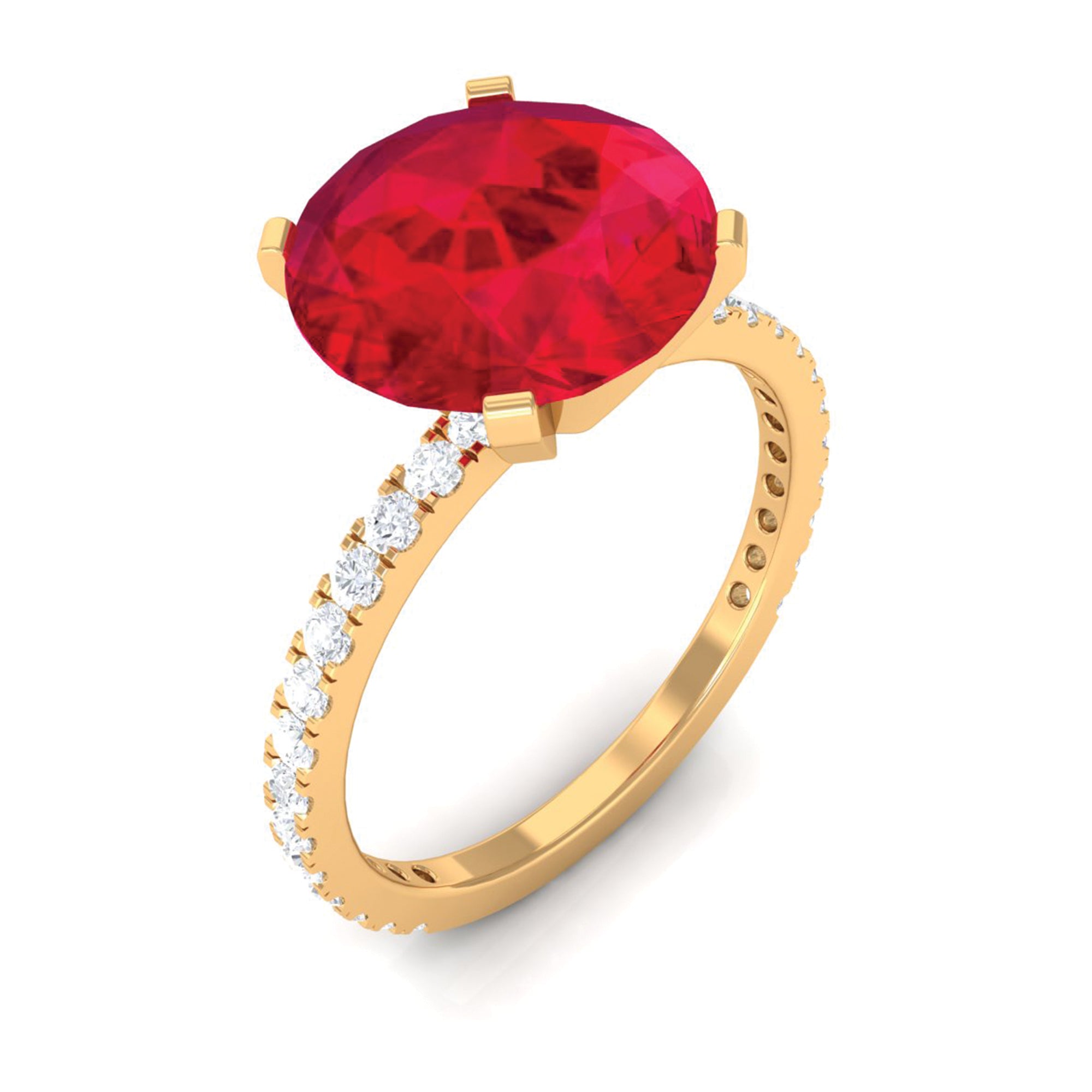 Created Ruby Solitaire Ring with Diamond Side Stones Lab Created Ruby - ( AAAA ) - Quality - Rosec Jewels