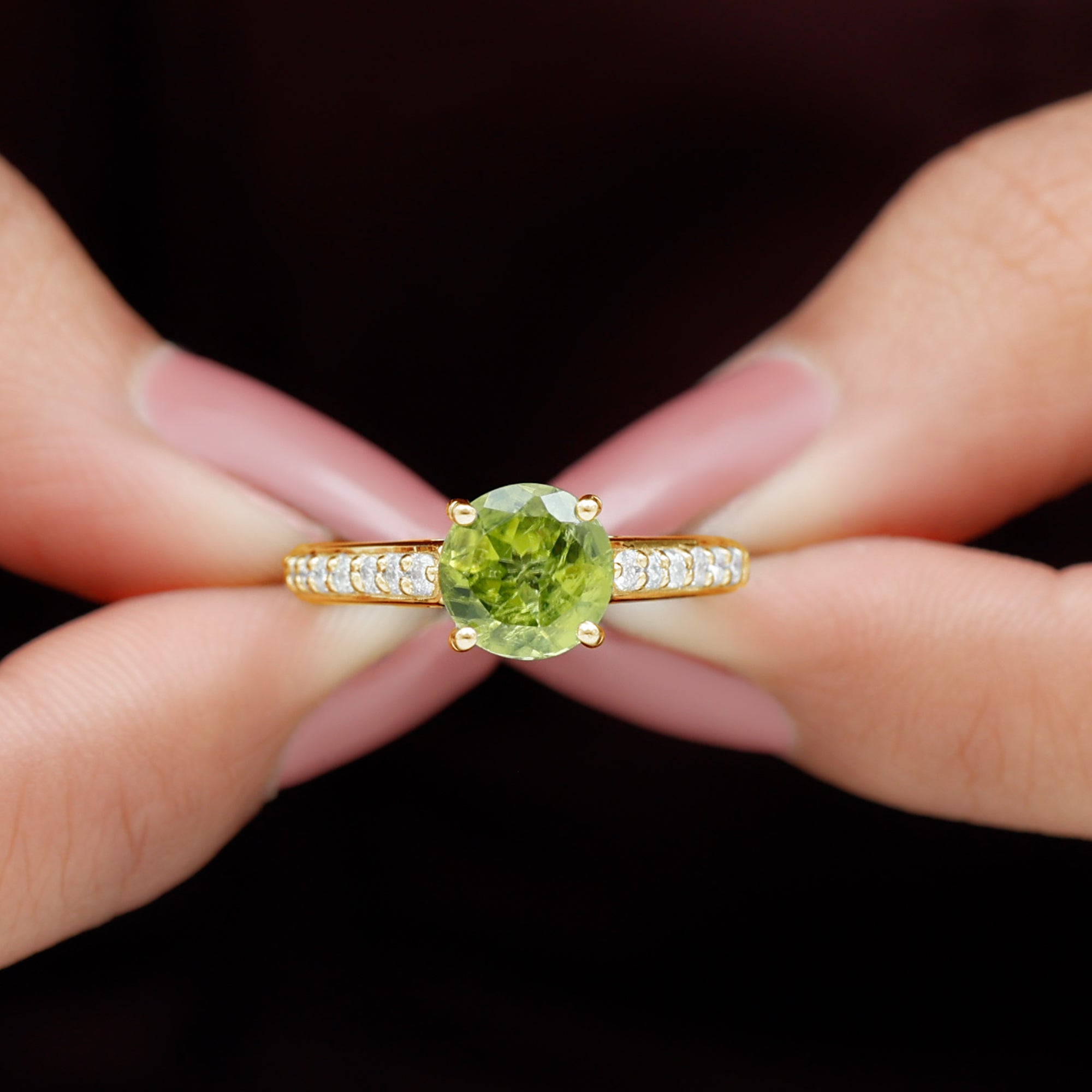 Natural Peridot Solitaire Engagement Ring with Diamond Side Stones Peridot - ( AAA ) - Quality - Rosec Jewels