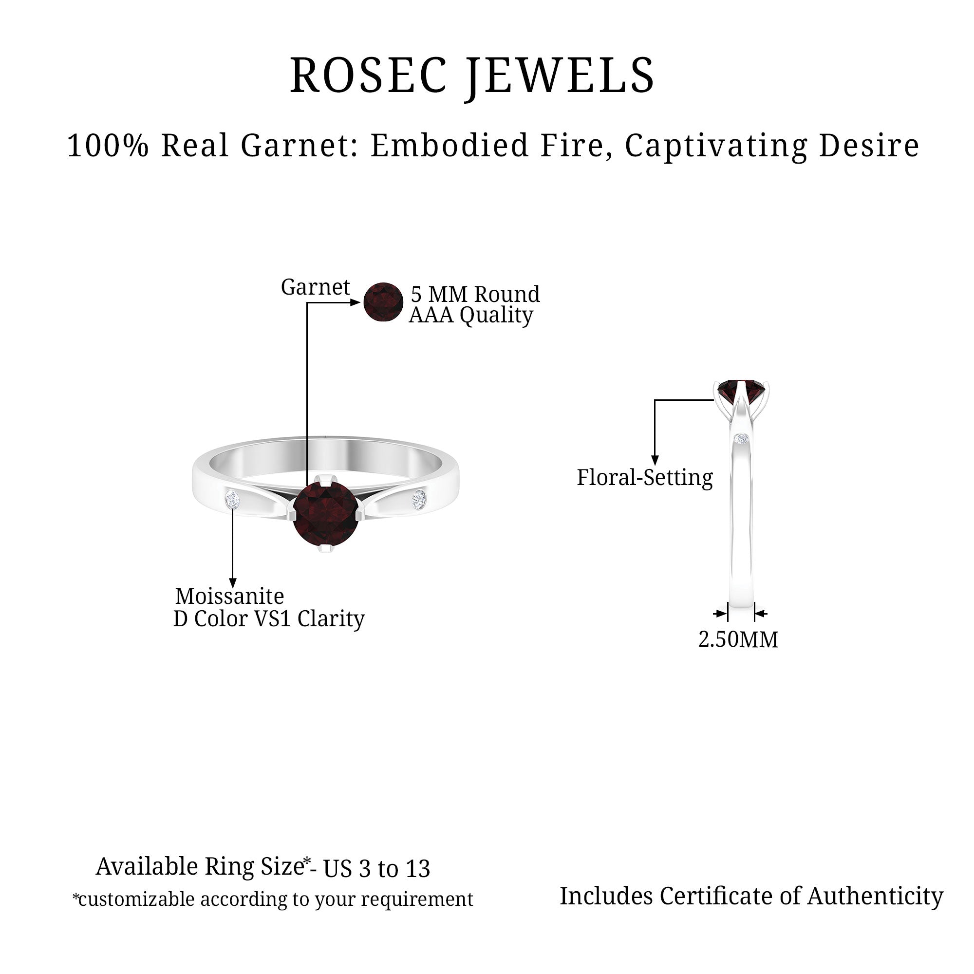 5 MM Natural Round Garnet Solitaire Promise Ring Garnet - ( AAA ) - Quality - Rosec Jewels