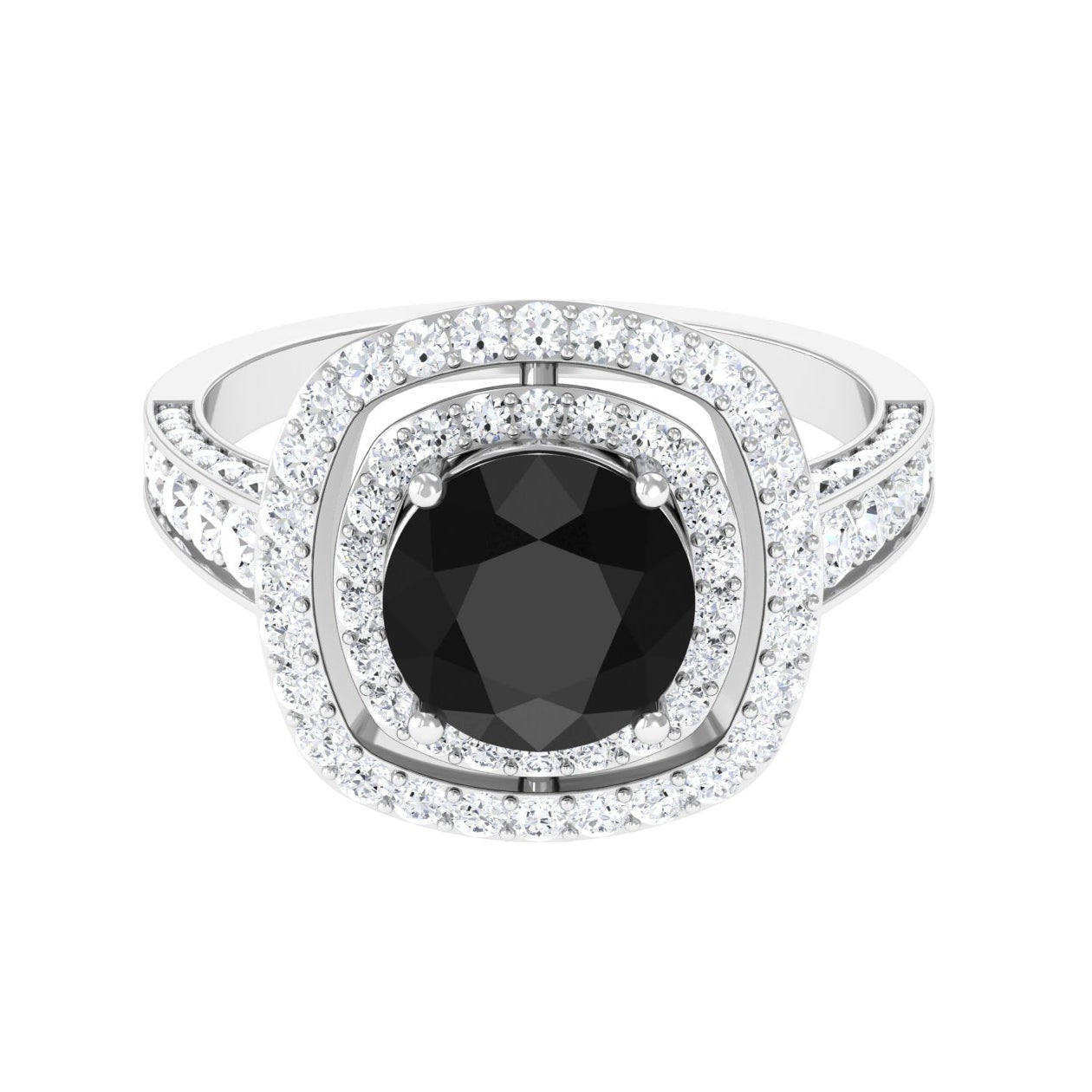 Real Black Onyx Double Halo Engagement Ring with Moissanite Black Onyx - ( AAA ) - Quality - Rosec Jewels