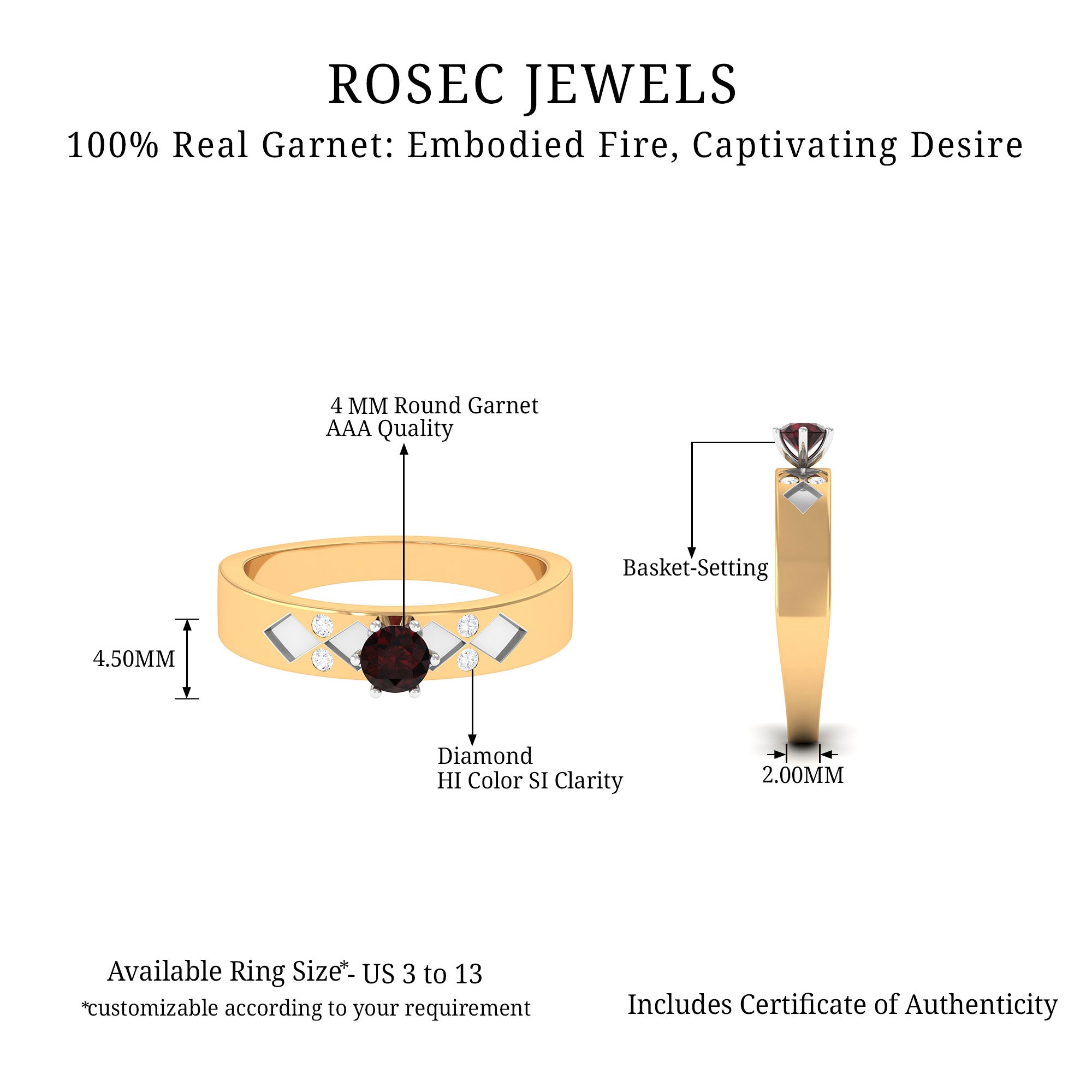 Natural Round Garnet Solitaire Band Ring Garnet - ( AAA ) - Quality - Rosec Jewels