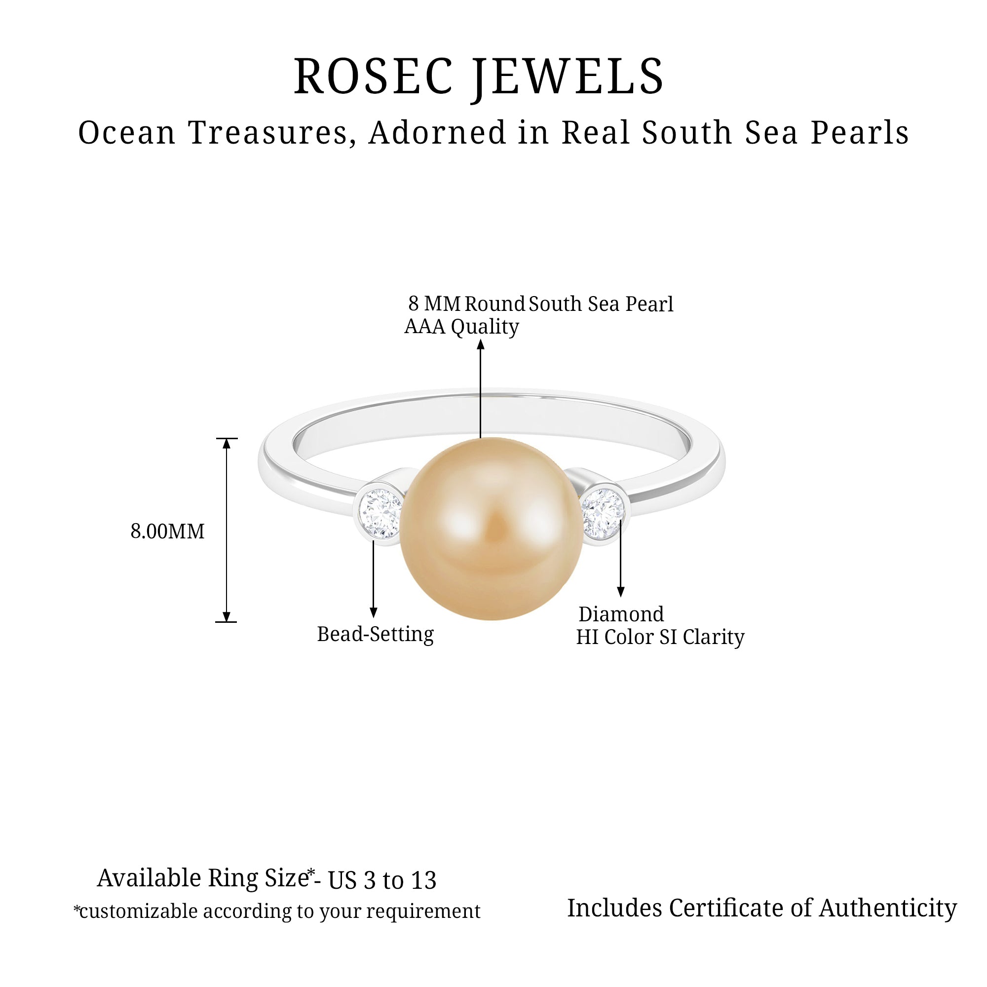 Bead Set South Sea Pearl Solitaire Ring with Diamond South Sea Pearl - ( AAA ) - Quality - Rosec Jewels