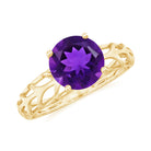 7 MM Round Amethyst Solitaire Engagement Ring with Gold Filigree Details Amethyst - ( AAA ) - Quality - Rosec Jewels