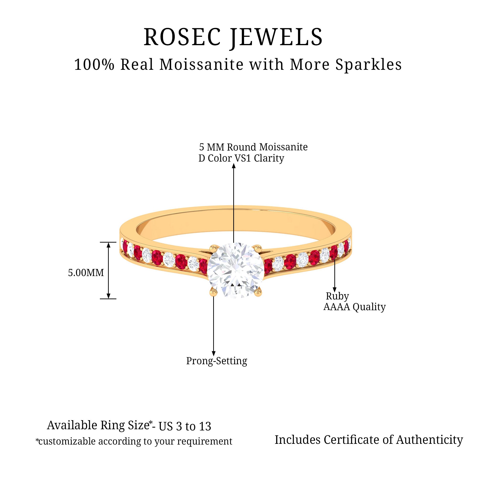 Certified Moissanite Solitaire Engagement Ring With Lab Grown Ruby Lab Created Ruby - ( AAAA ) - Quality - Rosec Jewels