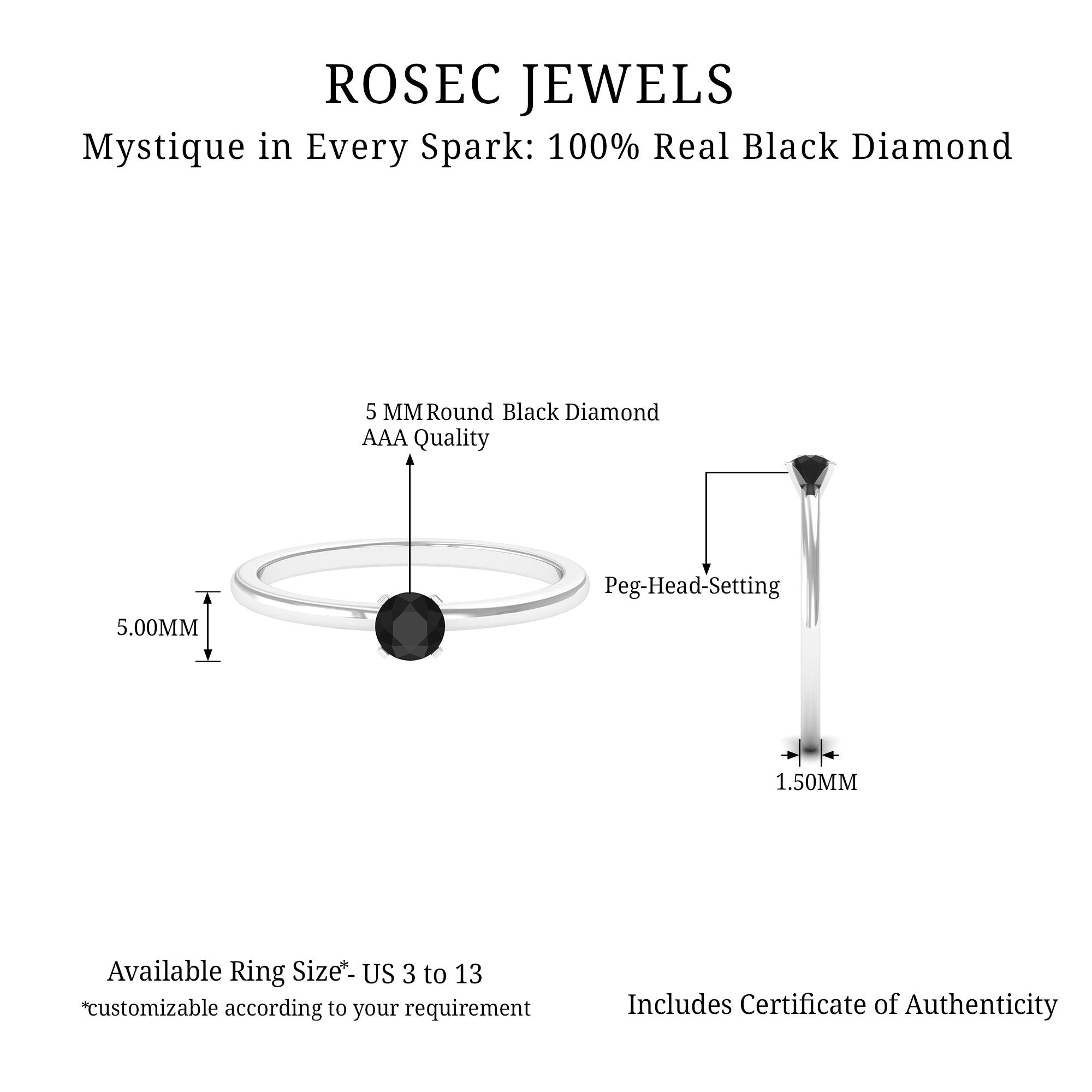 Simple Solitaire Ring with 1/4 CT Black Diamond Black Diamond - ( AAA ) - Quality - Rosec Jewels