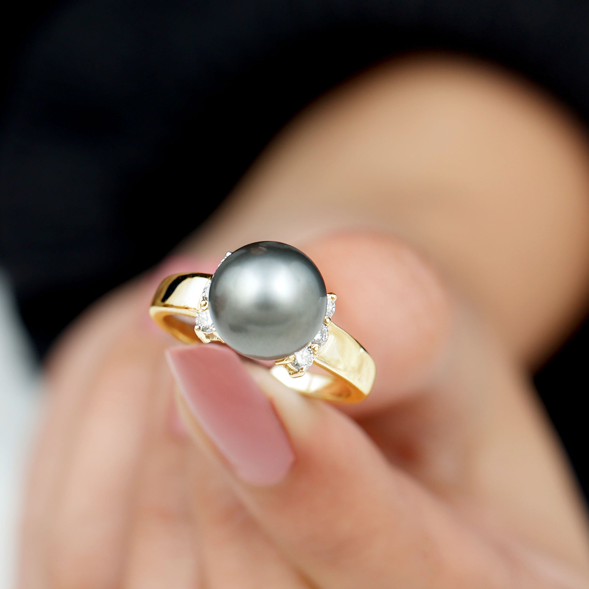 8 CT Real Tahitian Pearl Solitaire Ring with Diamond Tahitian pearl - ( AAA ) - Quality - Rosec Jewels