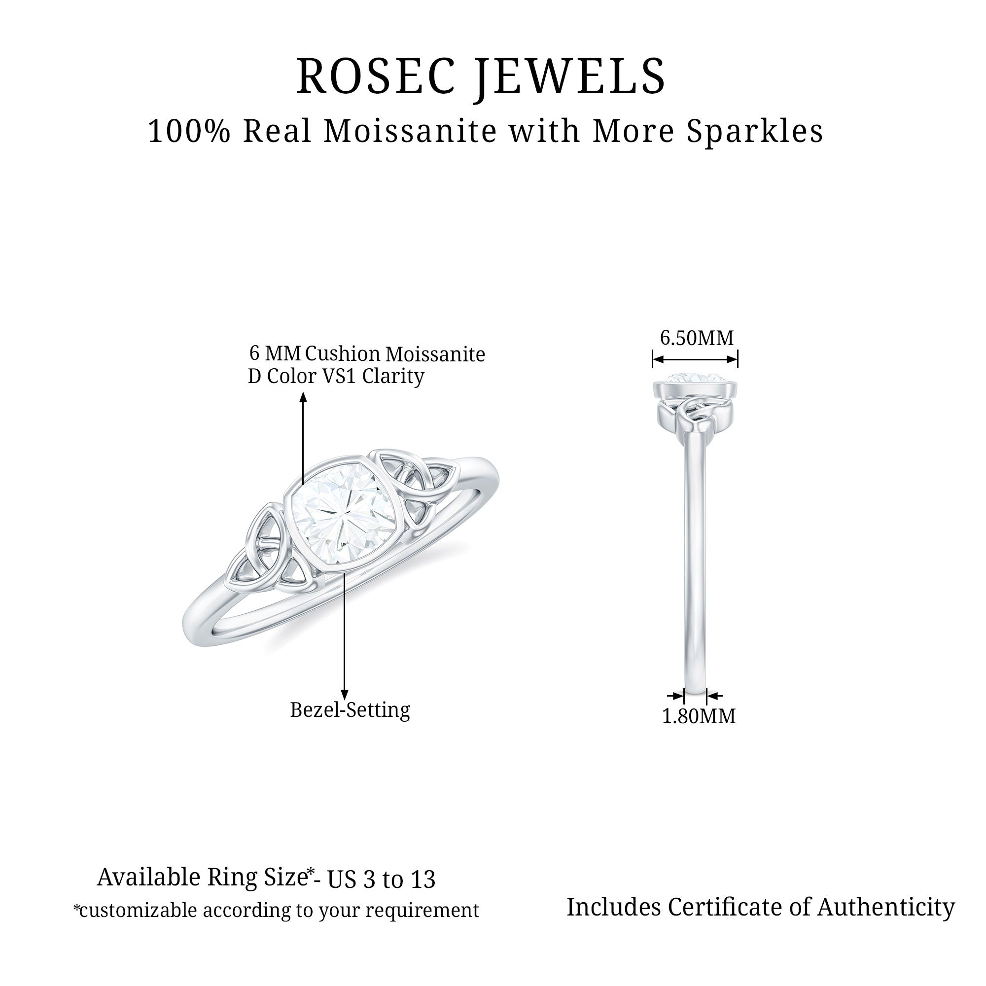 Cushion Moissanite Solitaire Celtic Knot Ring in Bezel Setting Moissanite - ( D-VS1 ) - Color and Clarity - Rosec Jewels