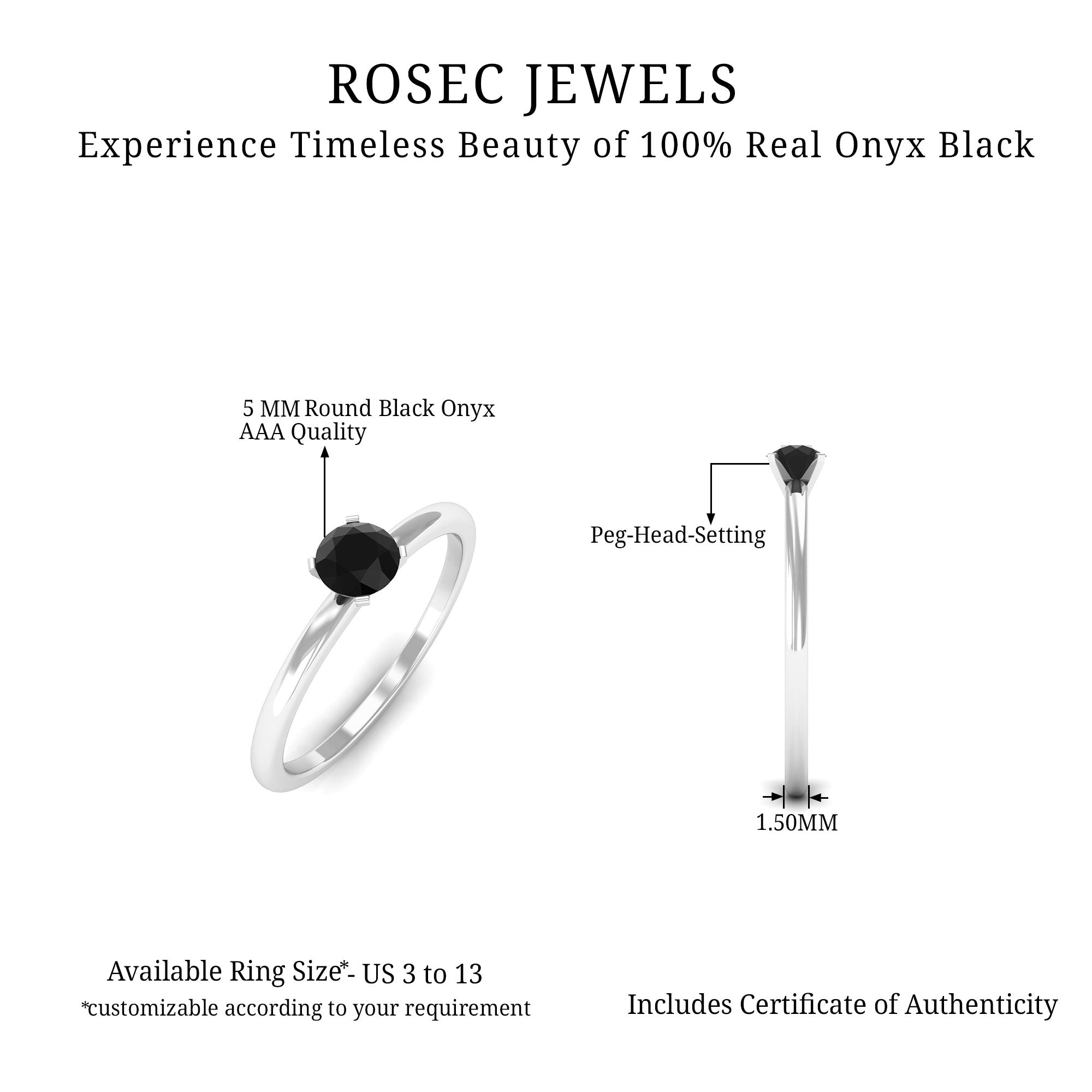 Minimal Black Onyx Solitaire Promise Ring Black Onyx - ( AAA ) - Quality - Rosec Jewels