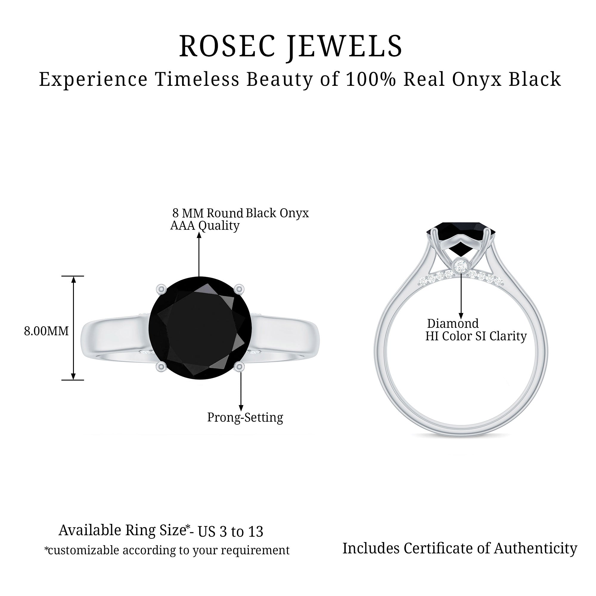 Classic Black Onyx Solitaire Ring with Surprise Diamond Accent Black Onyx - ( AAA ) - Quality - Rosec Jewels