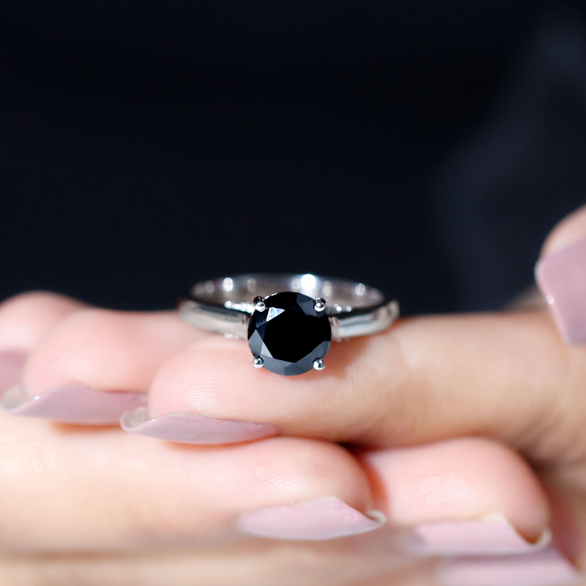 Classic Black Onyx Solitaire Ring with Surprise Diamond Accent Black Onyx - ( AAA ) - Quality - Rosec Jewels