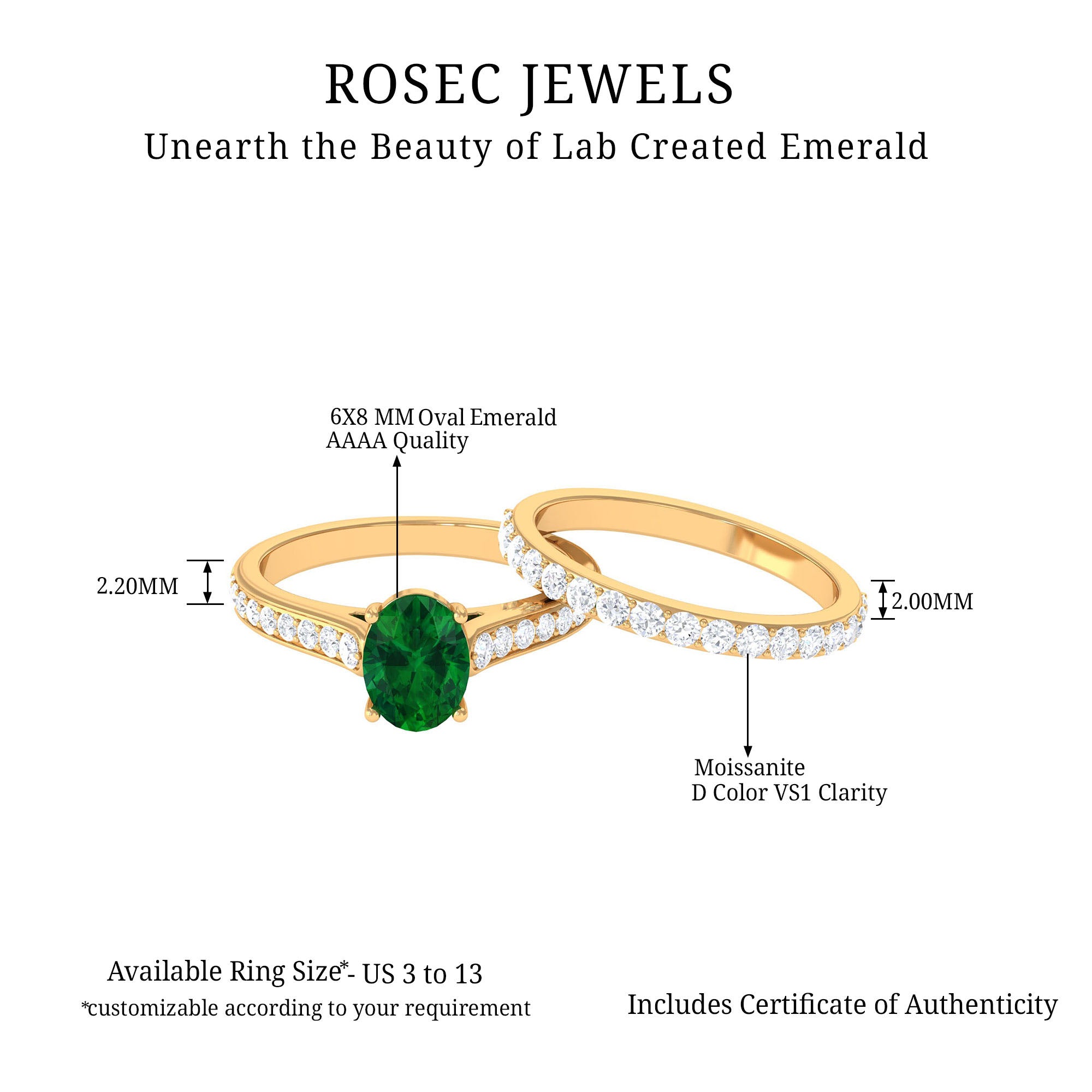 Oval Shape Lab Grown Emerald and Moissanite Bridal Ring Set Lab Created Emerald - ( AAAA ) - Quality - Rosec Jewels