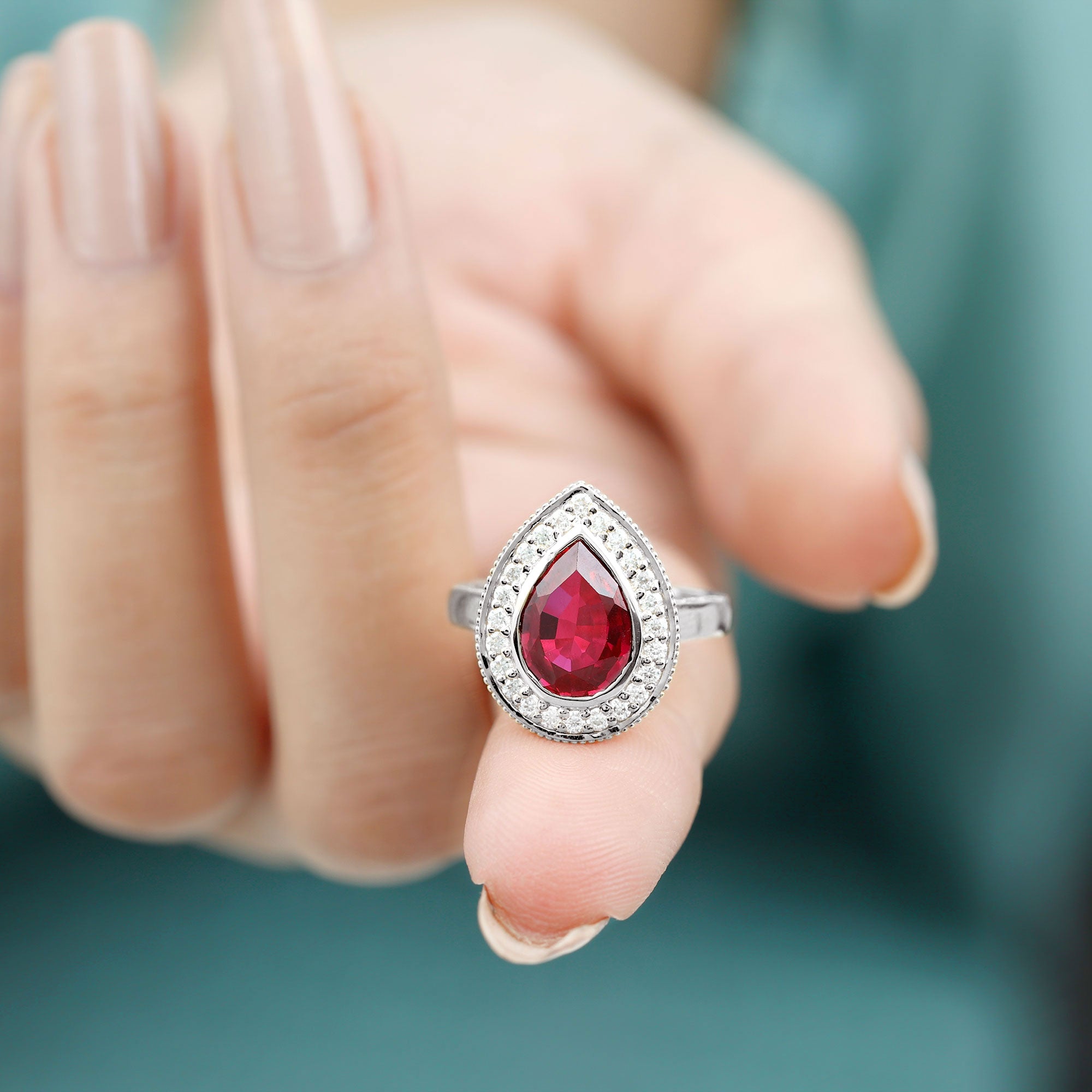 2 CT Pear Cut Created Ruby Solitaire Engagement Ring with Diamond Halo Lab Created Ruby - ( AAAA ) - Quality - Rosec Jewels