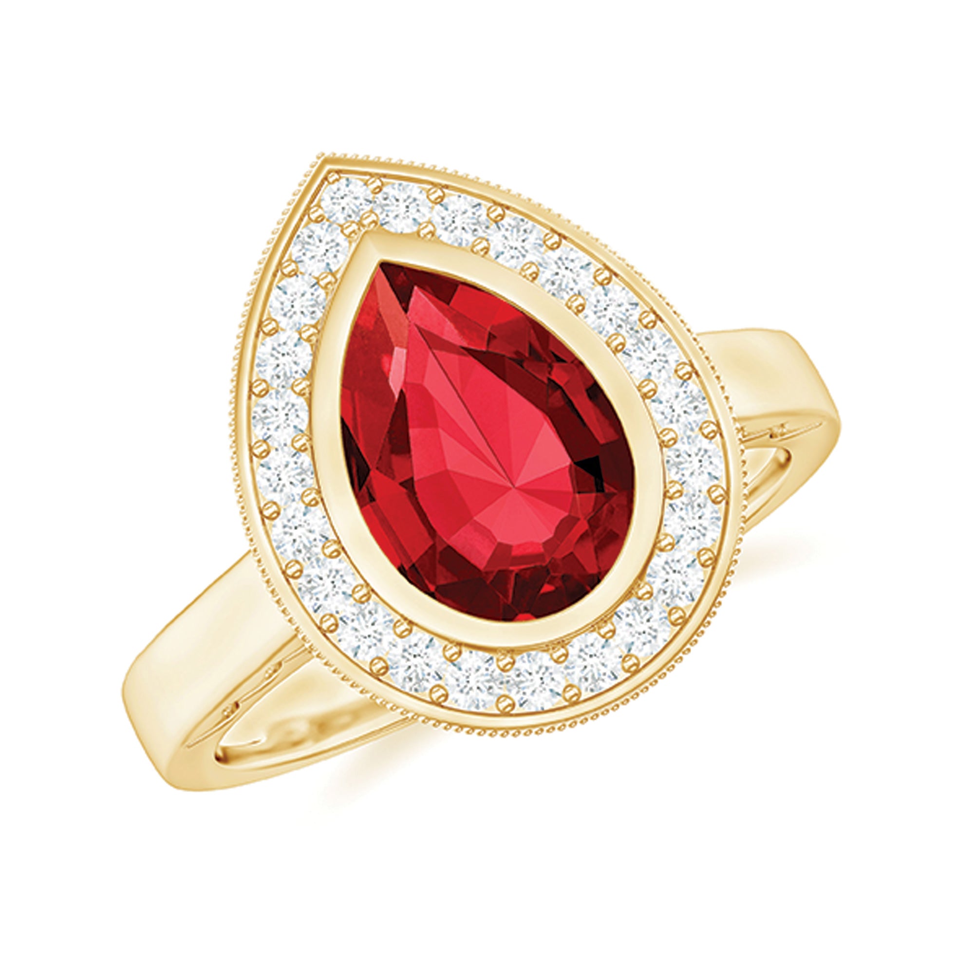 2 CT Pear Cut Created Ruby Solitaire Engagement Ring with Diamond Halo Lab Created Ruby - ( AAAA ) - Quality - Rosec Jewels