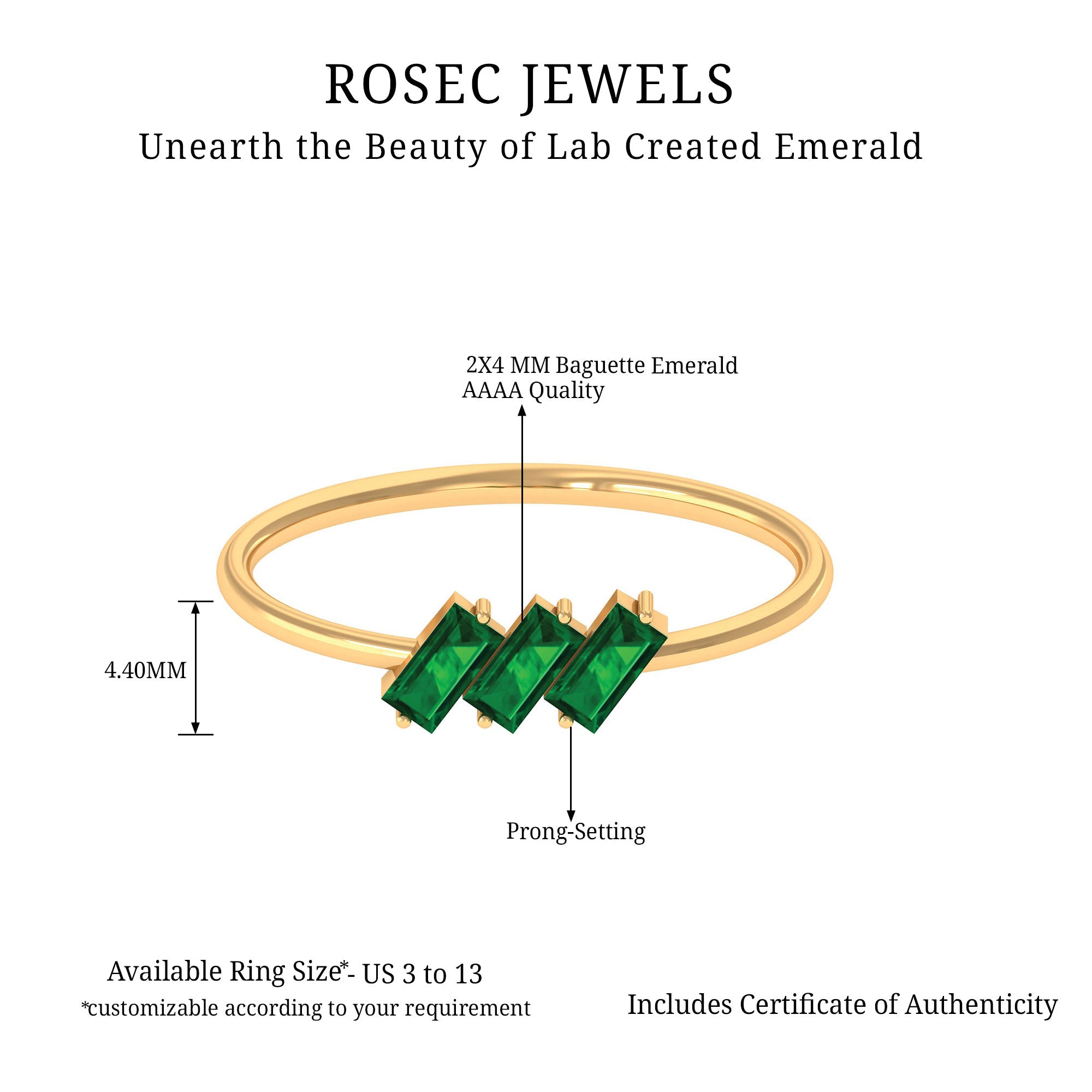 Baguette Cut Lab Grown Emerald Three Stone Promise Ring Lab Created Emerald - ( AAAA ) - Quality - Rosec Jewels