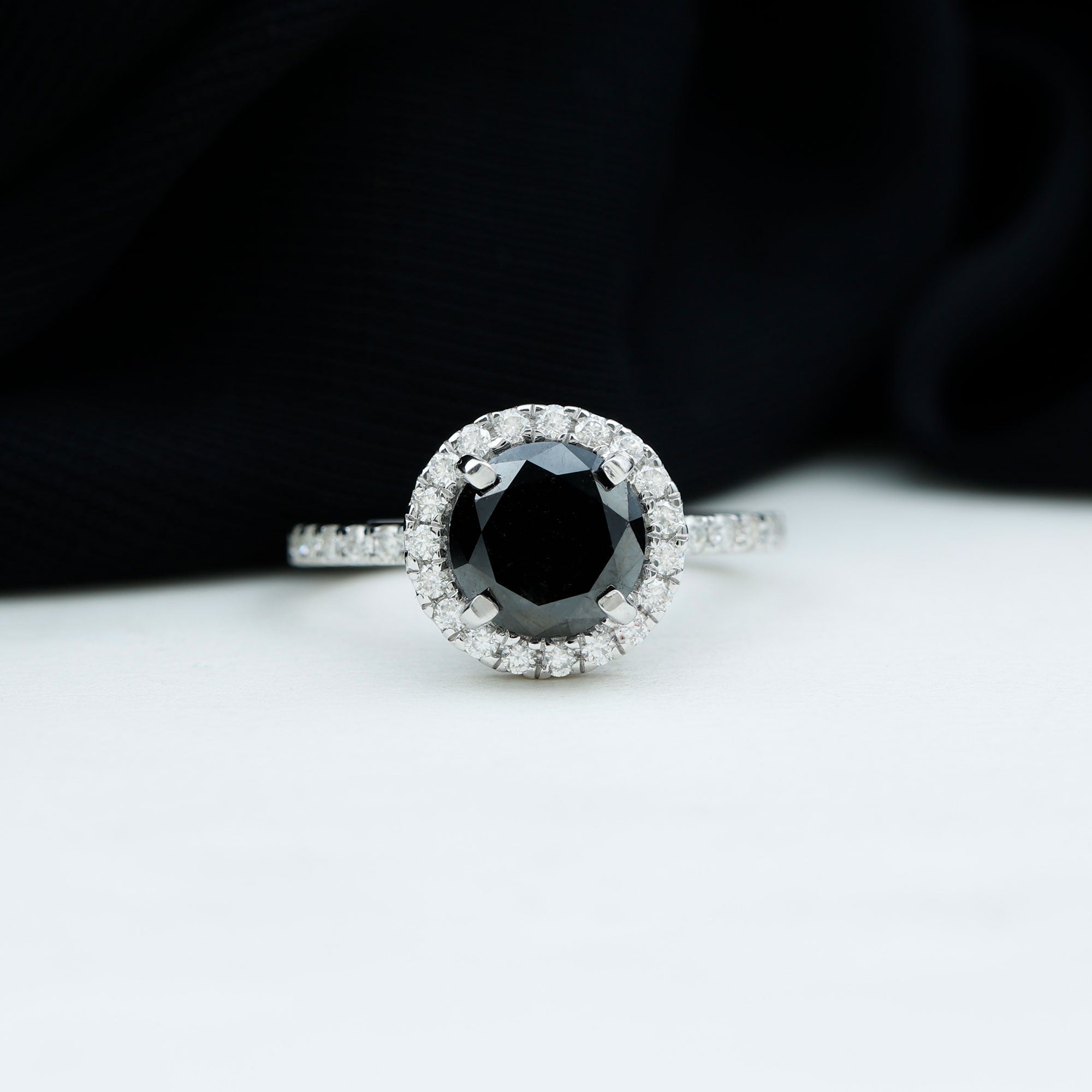 Classic Created Black Diamond and Diamond Halo Engagement Ring Lab Created Black Diamond - ( AAAA ) - Quality - Rosec Jewels