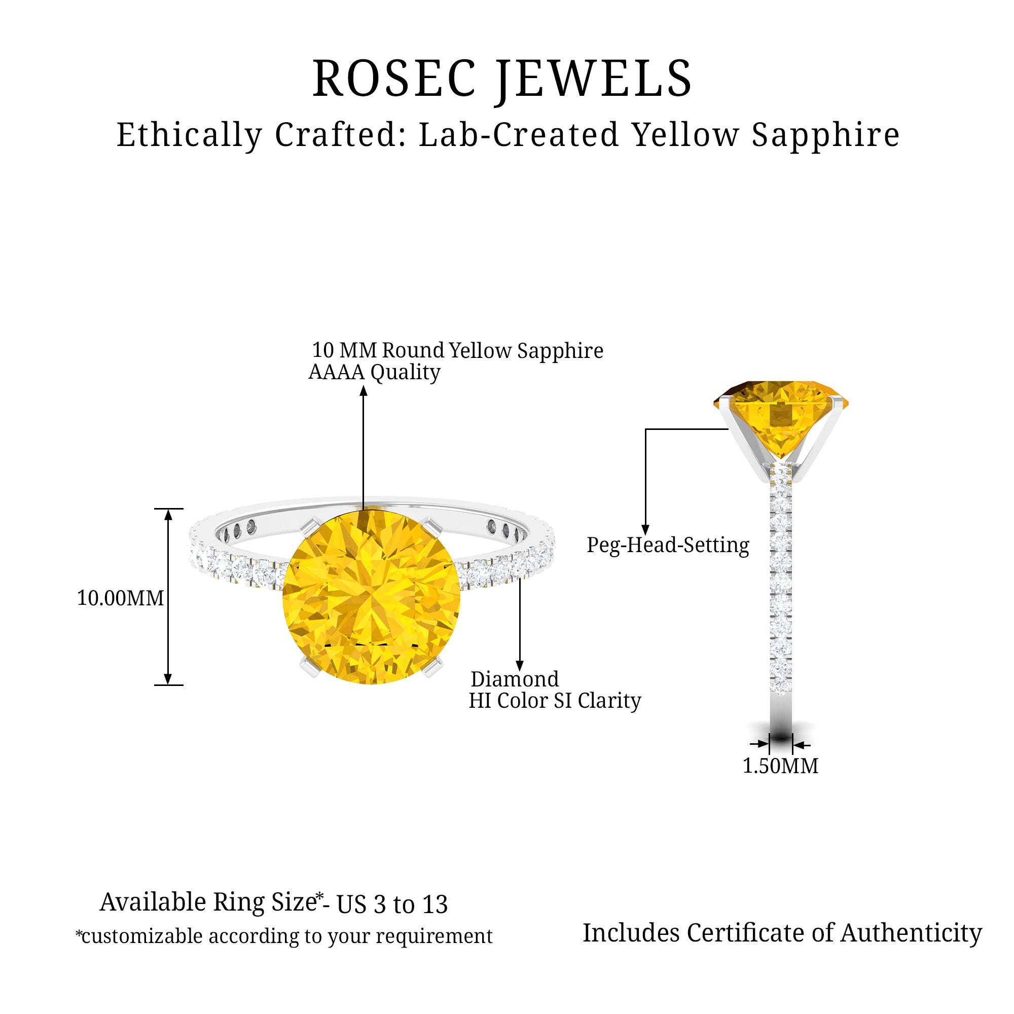 Created Yellow Sapphire Solitaire Engagement Ring with Diamond Lab Created Yellow Sapphire - ( AAAA ) - Quality - Rosec Jewels