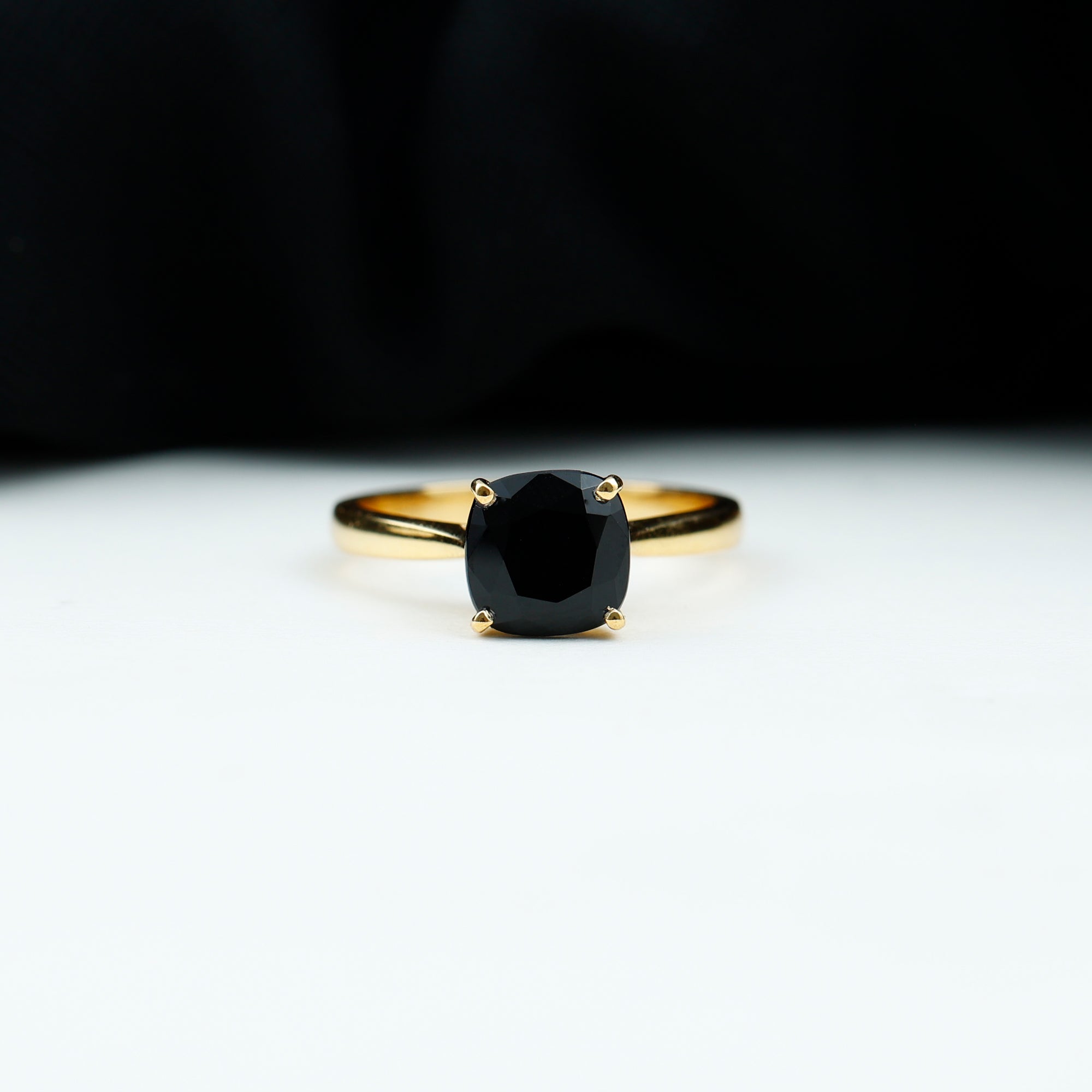 8 MM Cushion Cut Black Spinel Ring with Surprise Diamond Black Spinel - ( AAA ) - Quality - Rosec Jewels