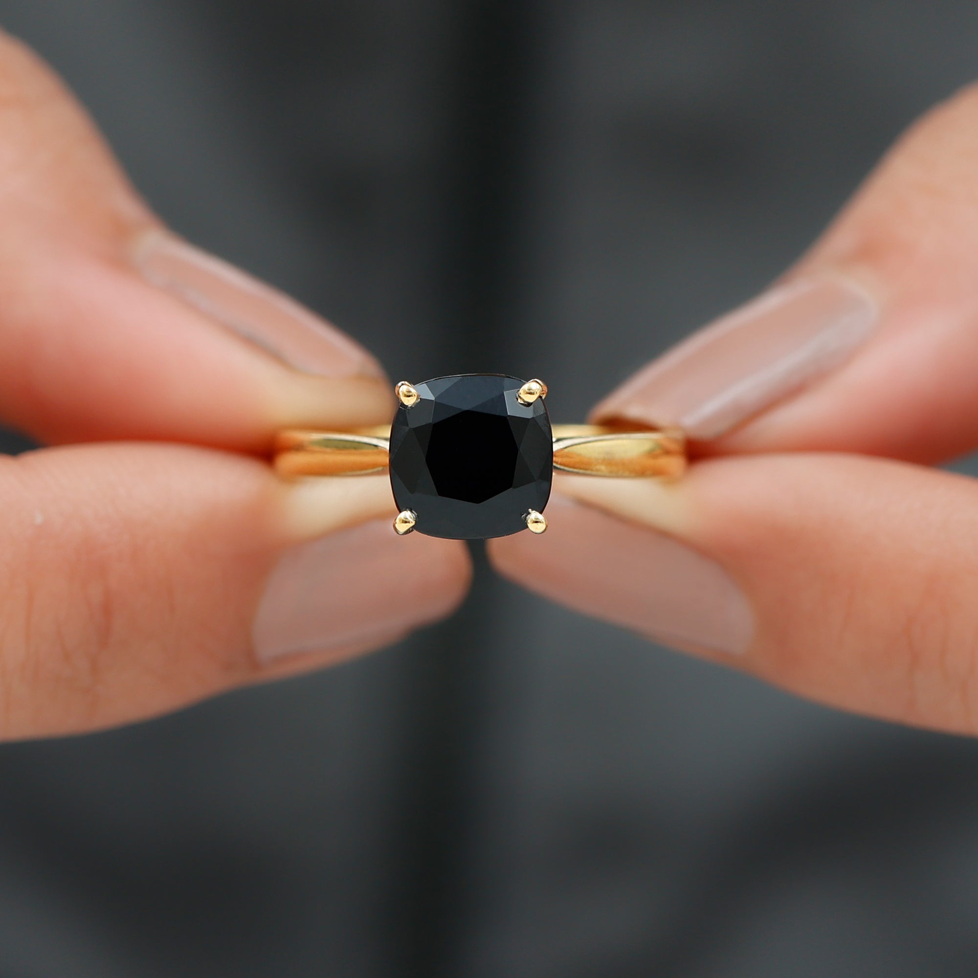 8 MM Cushion Cut Black Spinel Ring with Surprise Diamond Black Spinel - ( AAA ) - Quality - Rosec Jewels