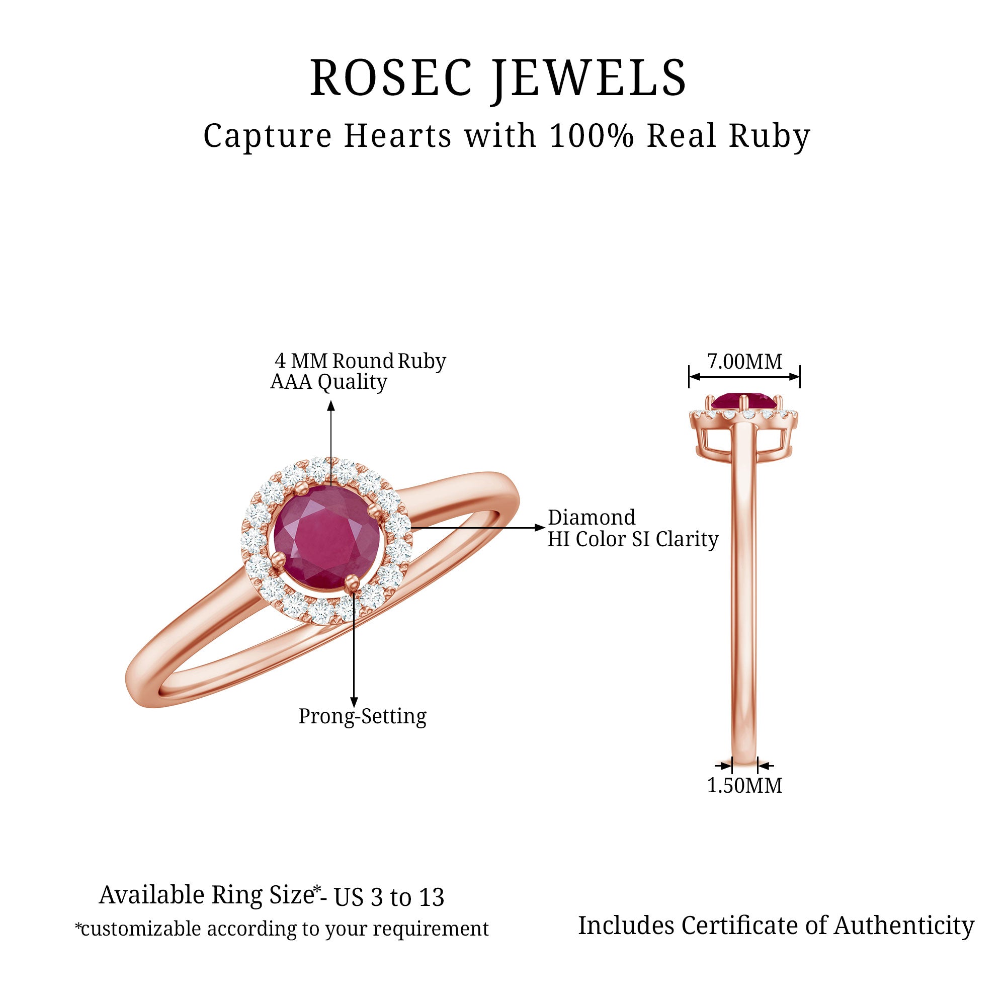 Round Ruby Engagement Ring with Diamond Halo Ruby - ( AAA ) - Quality - Rosec Jewels