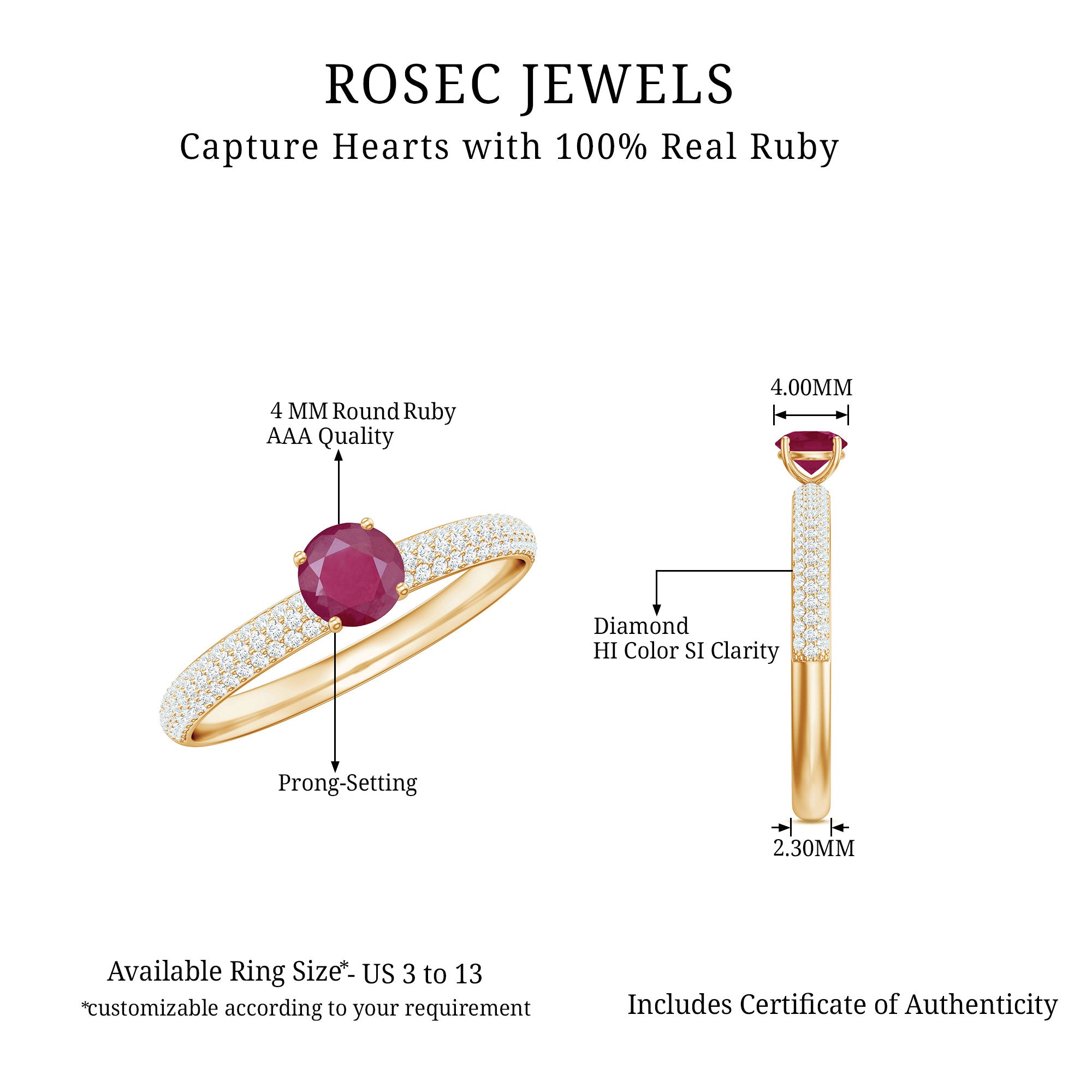 Natural Ruby Solitaire Ring with Diamond Side Stones Ruby - ( AAA ) - Quality - Rosec Jewels