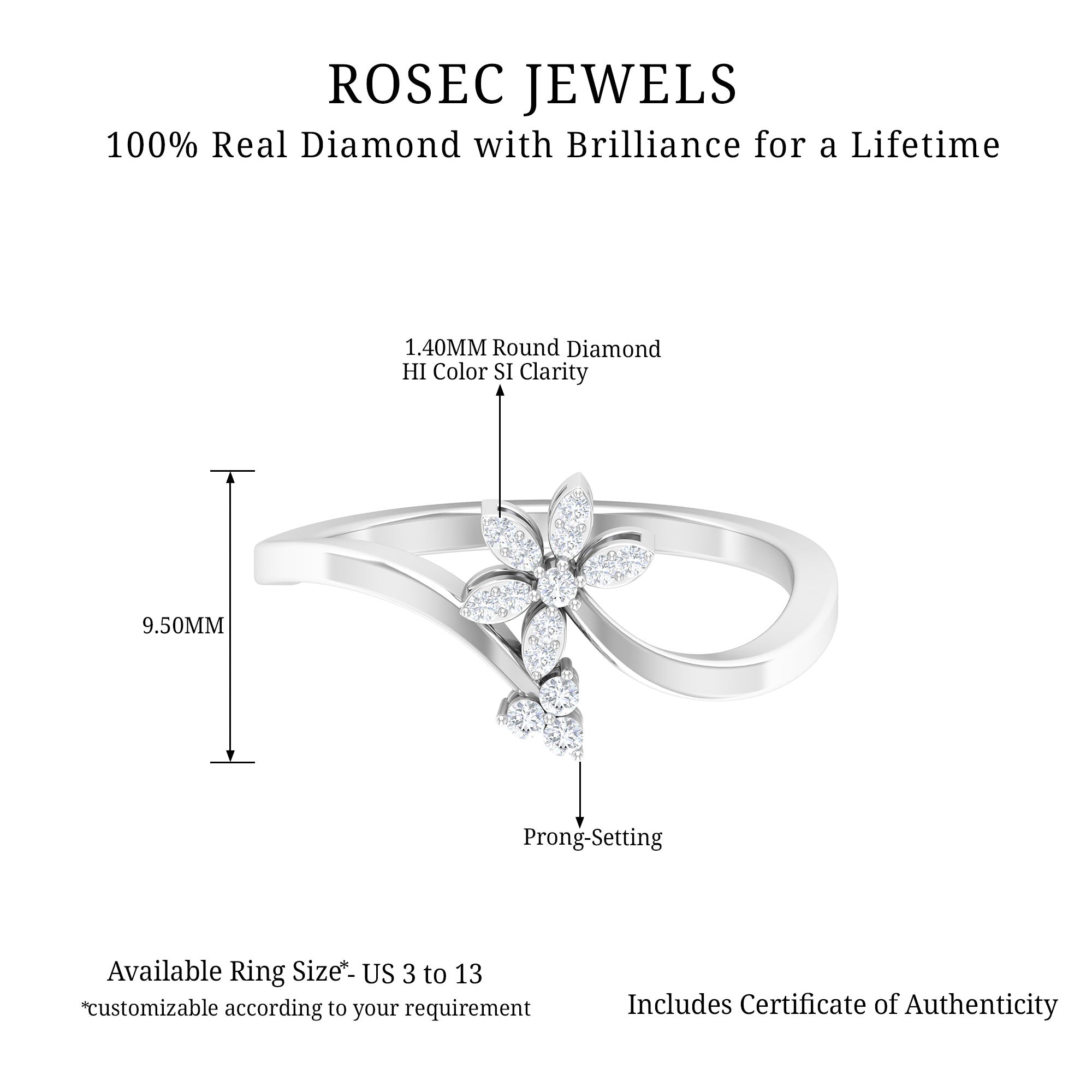 Diamond Floral Ring with Curved Shank Diamond - ( HI-SI ) - Color and Clarity - Rosec Jewels