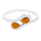 Pear Shape Citrine Two Stone Bypass Ring with Diamond Citrine - ( AAA ) - Quality - Rosec Jewels