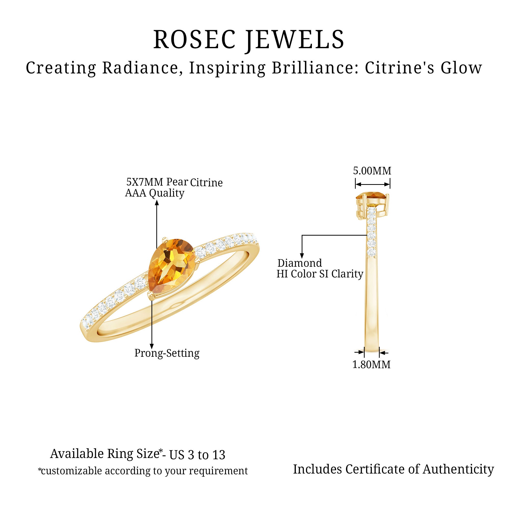 Real Citrine Solitaire Promise Ring with Diamond Side Stones Citrine - ( AAA ) - Quality - Rosec Jewels