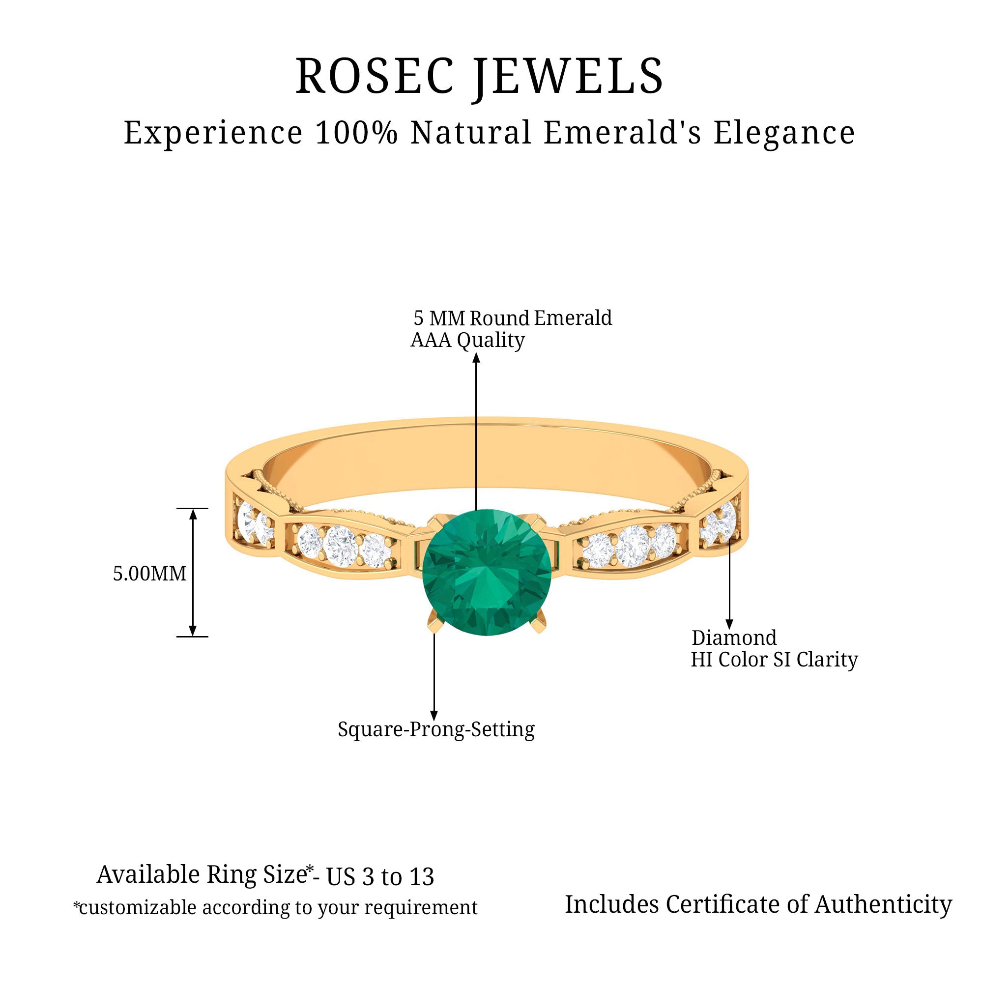 3/4 CT Emerald Solitaire Ring with Diamond Emerald - ( AAA ) - Quality - Rosec Jewels