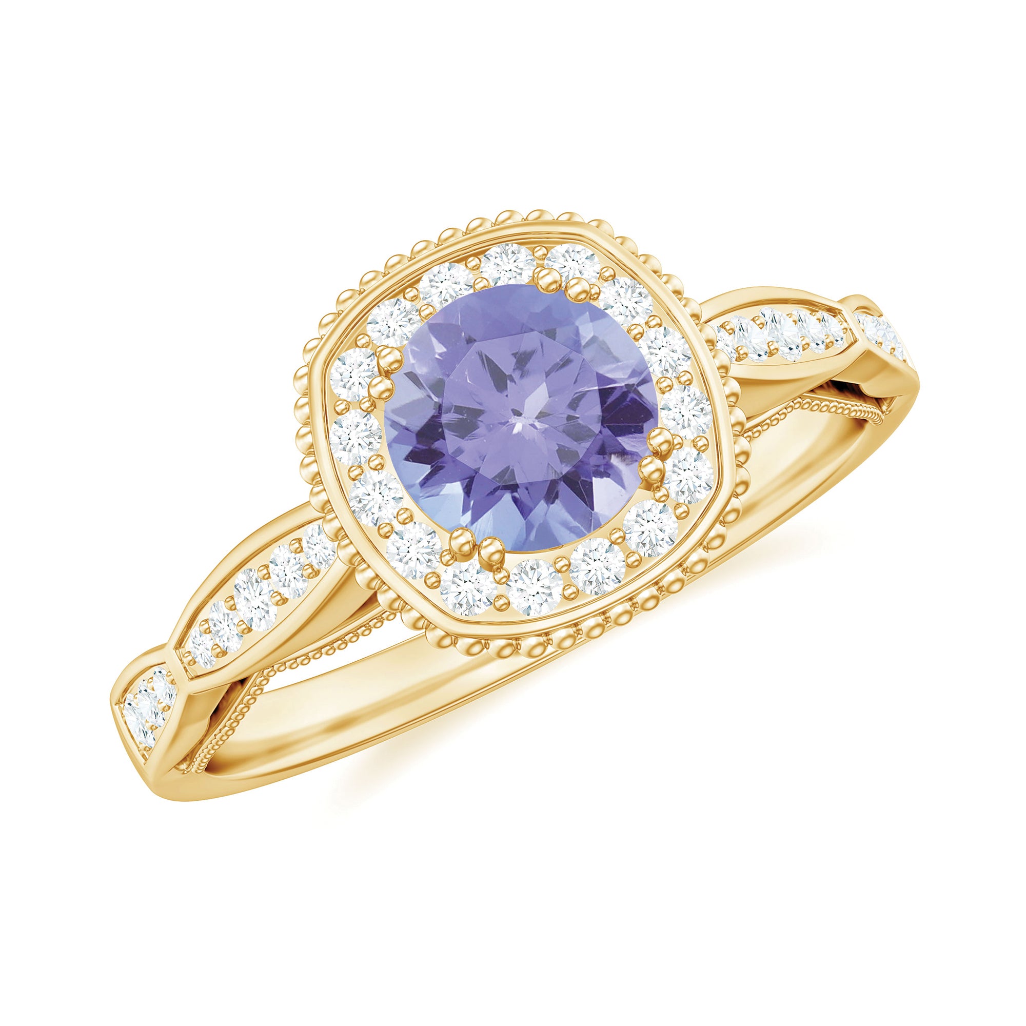 Vintage Inspired Round Tanzanite Engagement Ring with Diamond Halo Tanzanite - ( AAA ) - Quality - Rosec Jewels