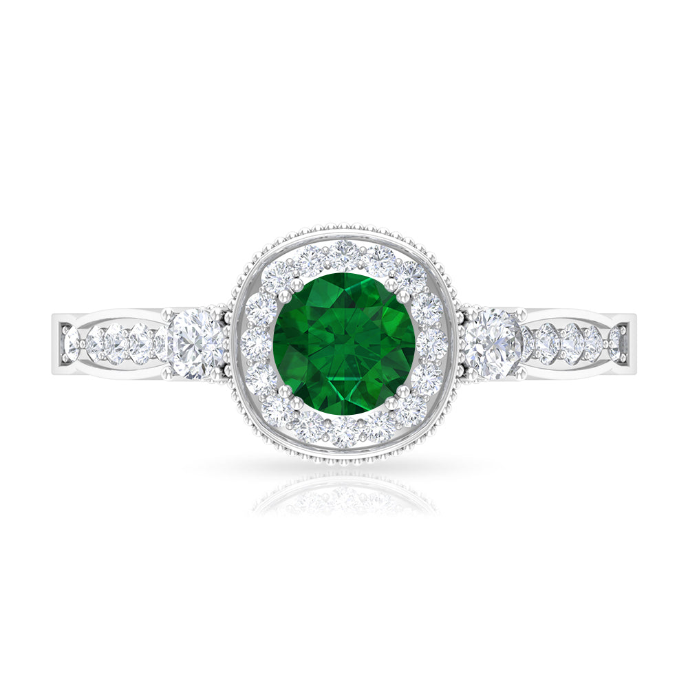 Emerald and Diamond Vintage Engagement Ring Emerald - ( AAA ) - Quality - Rosec Jewels