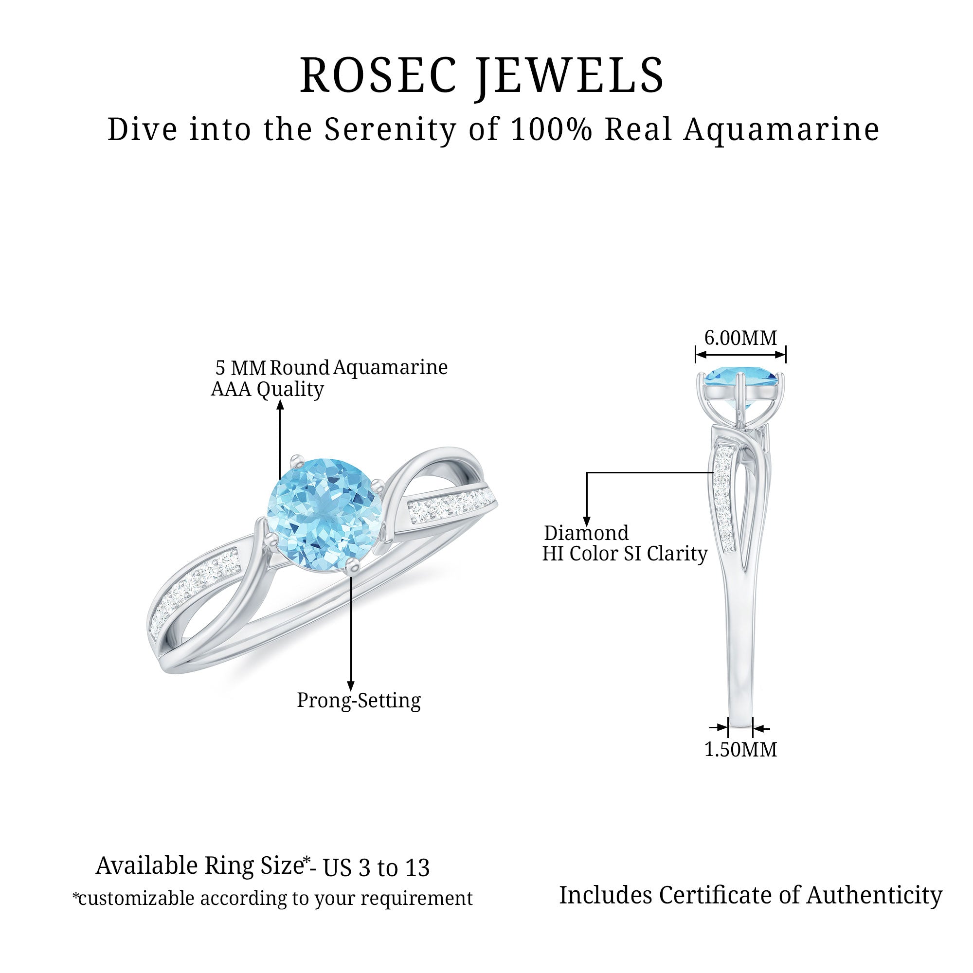 1/2 CT Two Tone Solitaire Infinity Ring with Aquamarine and Diamond Aquamarine - ( AAA ) - Quality - Rosec Jewels