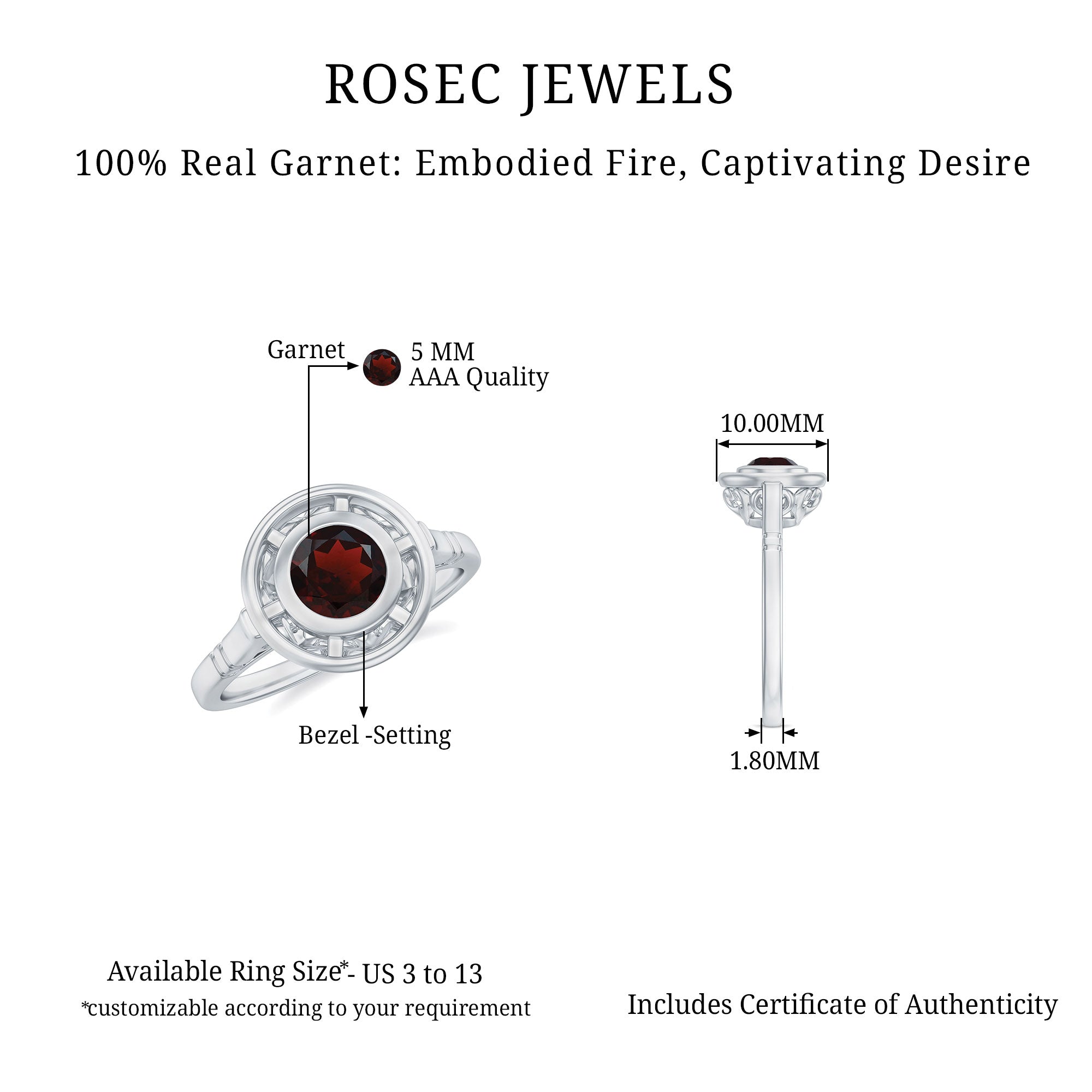 Vintage Style Bezel Set Garnet Solitaire Ring Garnet - ( AAA ) - Quality - Rosec Jewels