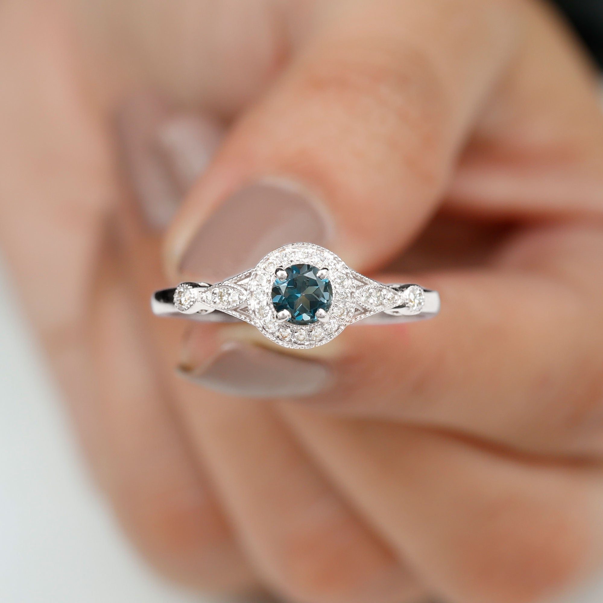 1 CT Antique London Blue Topaz and Diamond Engagement Ring with Milgrain Details London Blue Topaz - ( AAA ) - Quality - Rosec Jewels