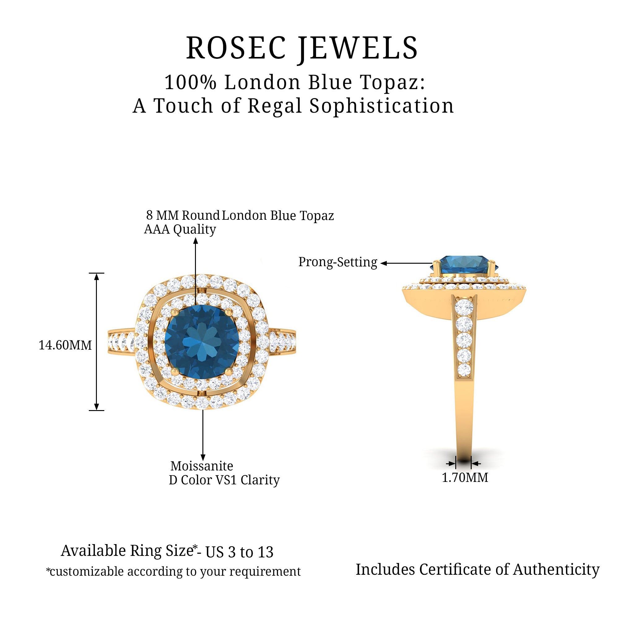 London Blue Topaz Engagement Ring with Moissanite Double Halo London Blue Topaz - ( AAA ) - Quality - Rosec Jewels