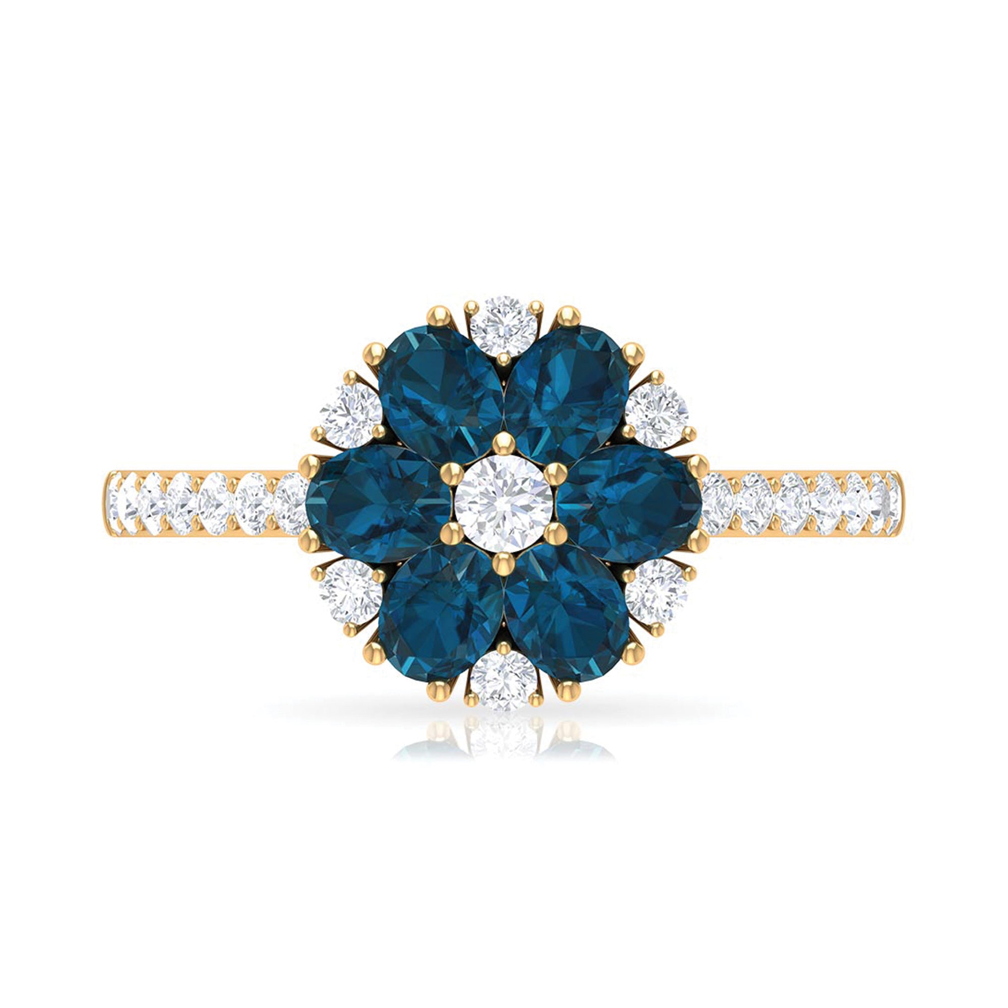 Natural London Blue Topaz and Diamond Flower Engagement Ring London Blue Topaz - ( AAA ) - Quality - Rosec Jewels