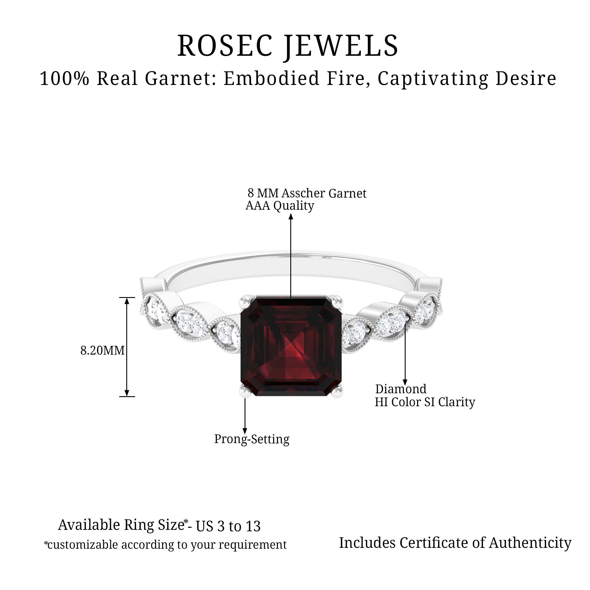 3.25 CT Asscher Cut Garnet Engagement Ring with Diamond Side Stones Garnet - ( AAA ) - Quality - Rosec Jewels