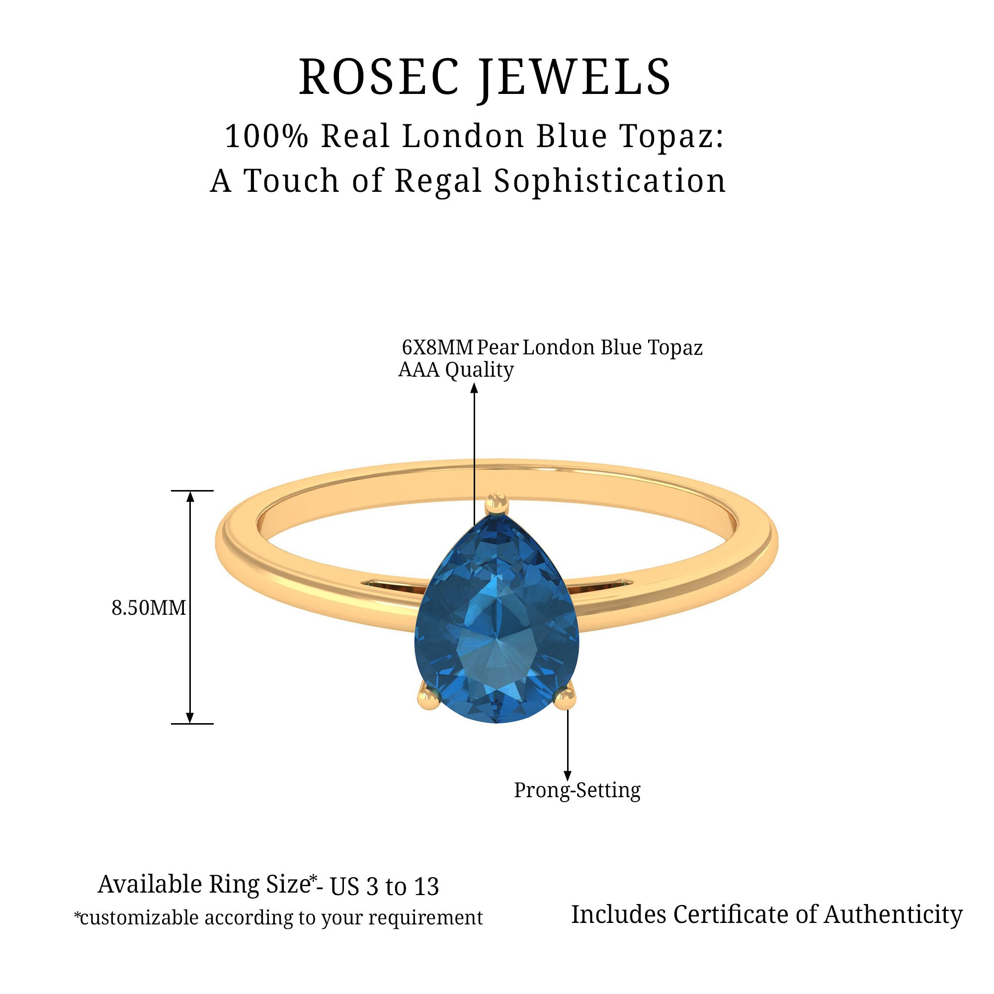 6X8 MM Pear Shaped London Blue Topaz Solitaire Ring London Blue Topaz - ( AAA ) - Quality - Rosec Jewels