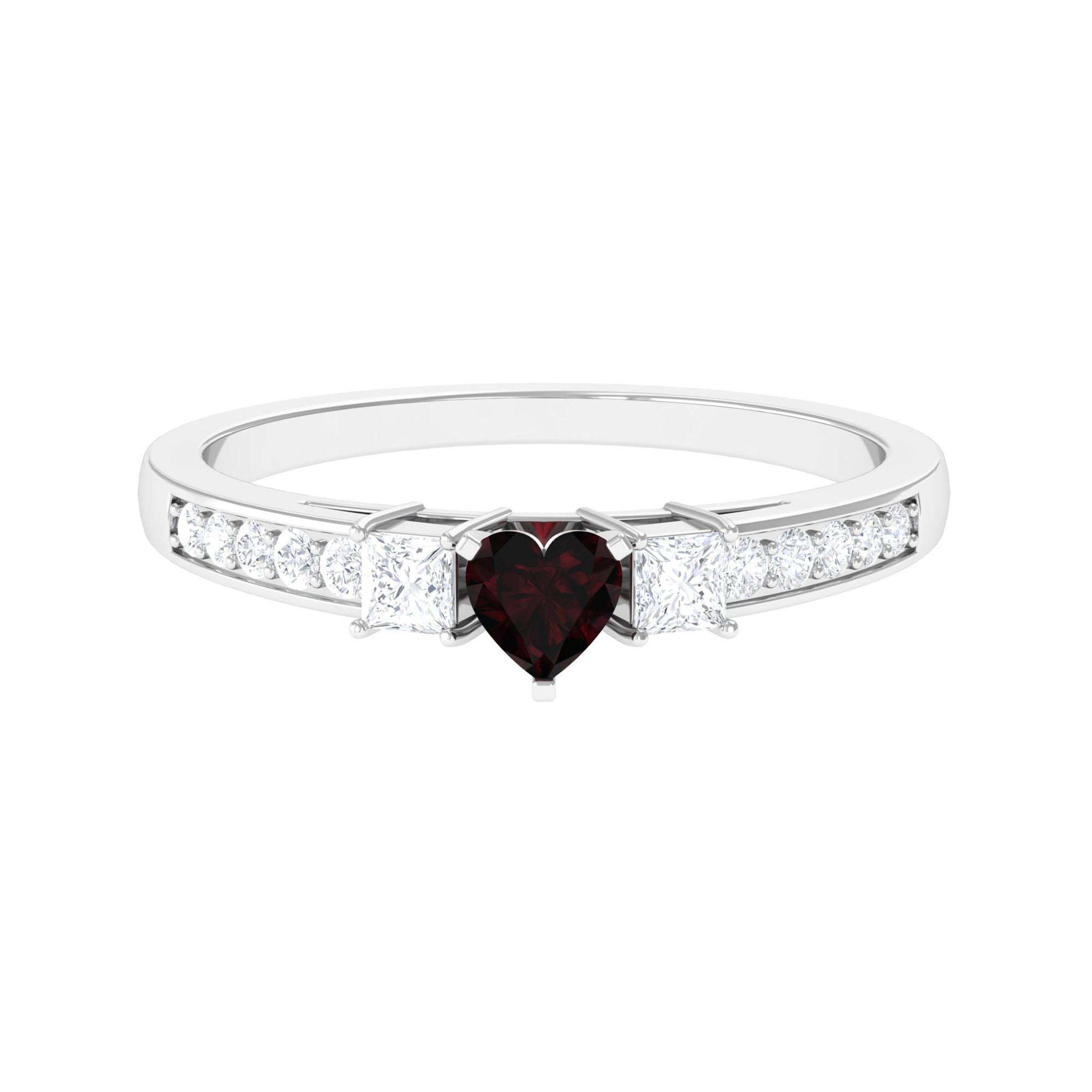 Three Stone Engagement Ring with Heart Shape Garnet and Diamond Garnet - ( AAA ) - Quality - Rosec Jewels