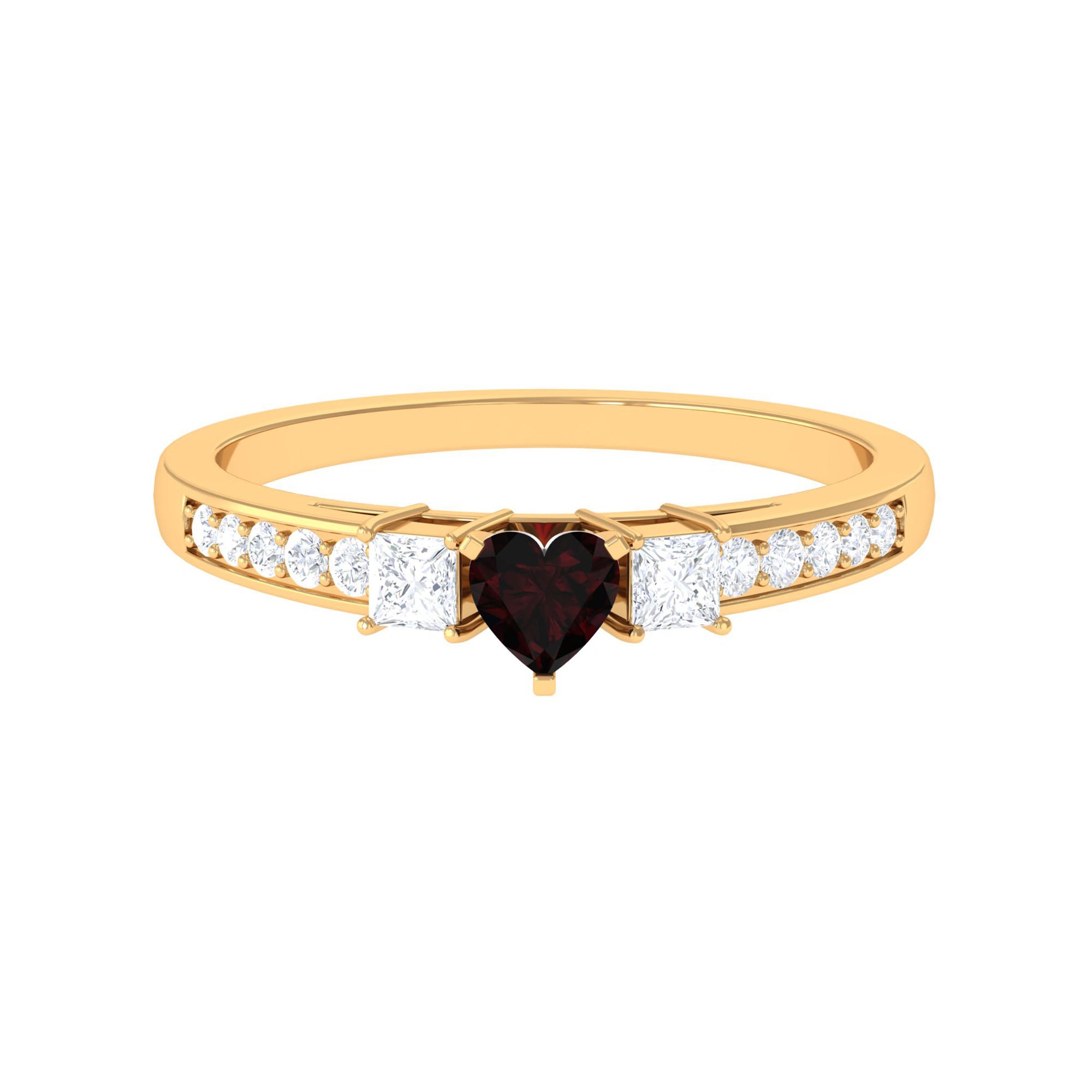 Three Stone Engagement Ring with Heart Shape Garnet and Diamond Garnet - ( AAA ) - Quality - Rosec Jewels