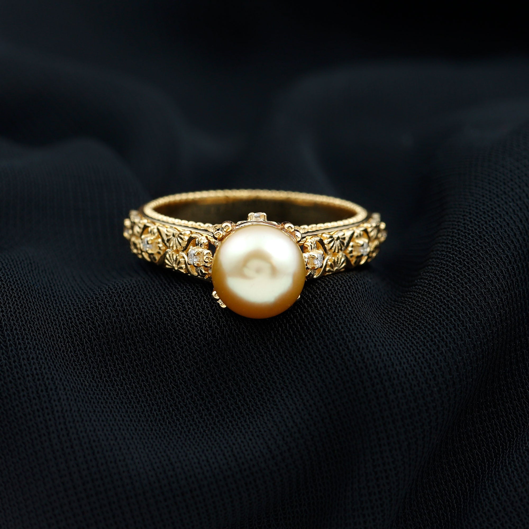 Solitaire South Sea Pearl Flower Engagement Ring with Diamond South Sea Pearl - ( AAA ) - Quality - Rosec Jewels