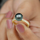 Round Tahitian Pearl Solitaire Ring with Diamond Side Stones Tahitian pearl - ( AAA ) - Quality - Rosec Jewels