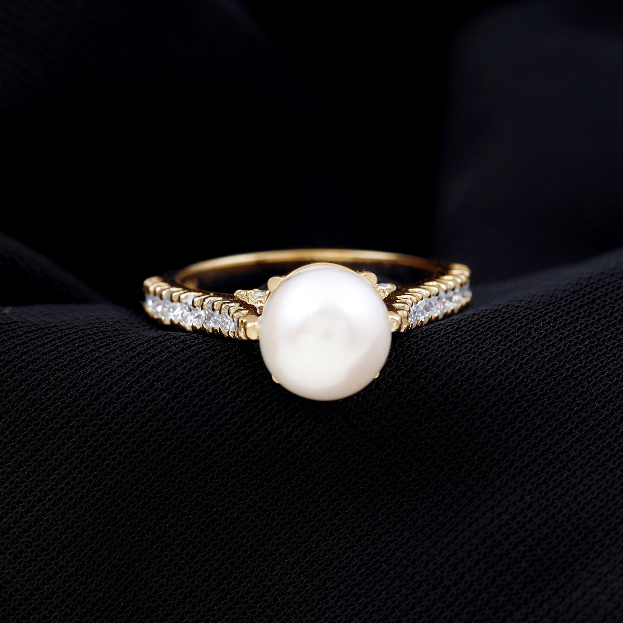 8 MM Freshwater Pearl Solitaire with Diamond Engagement Ring Freshwater Pearl - ( AAA ) - Quality - Rosec Jewels