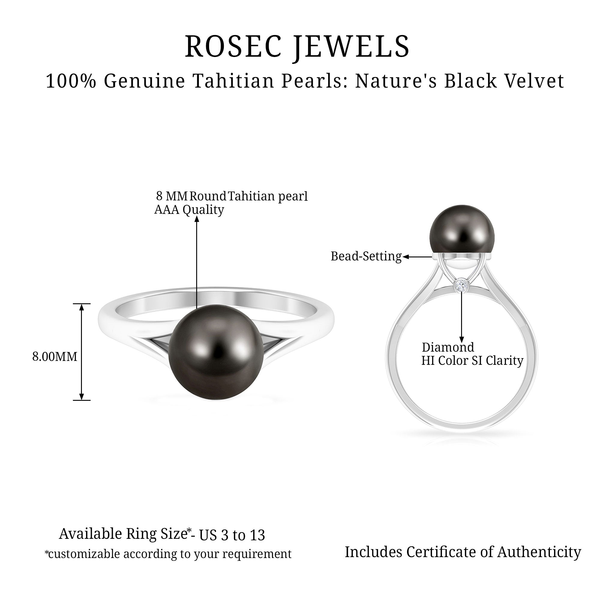 Tahitian Pearl Solitaire with Diamond Ring Tahitian pearl - ( AAA ) - Quality - Rosec Jewels