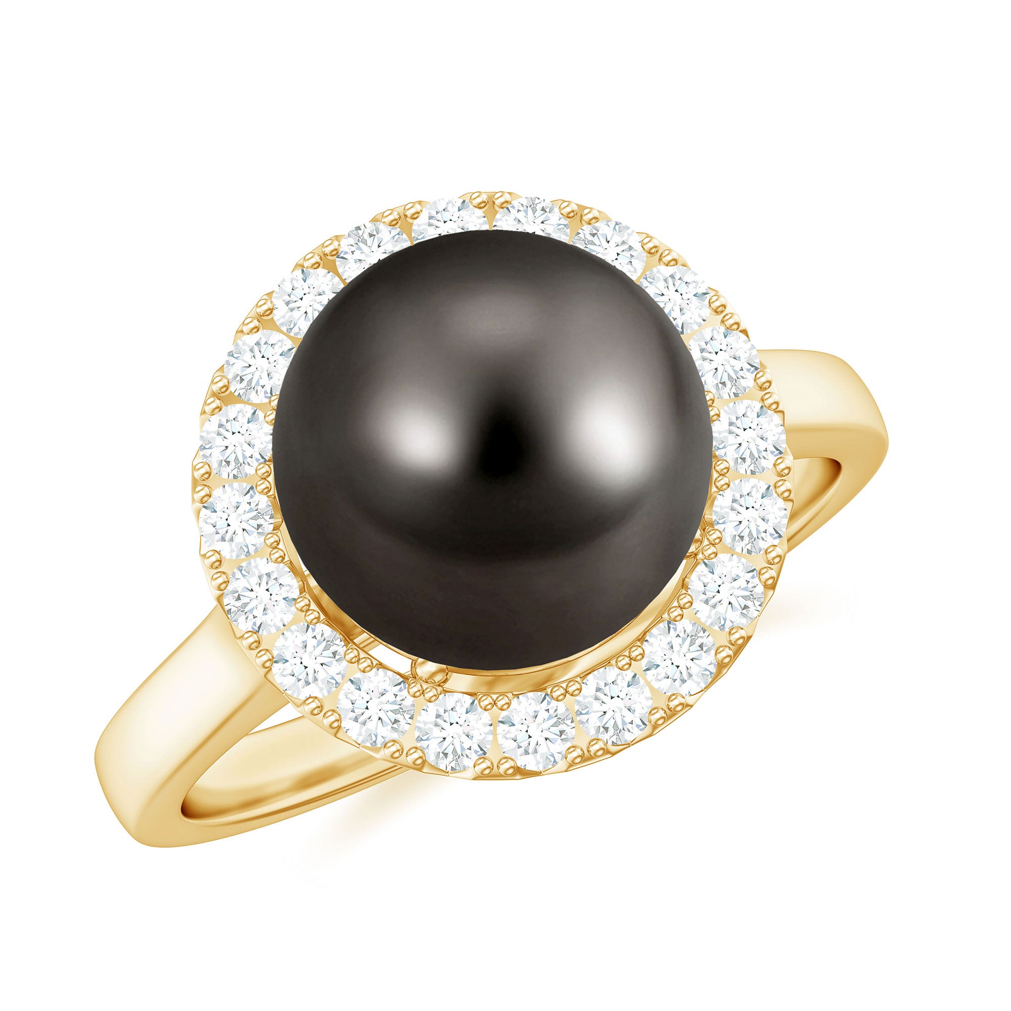 Round Tahitian Pearl and Diamond Halo Engagement Ring Tahitian pearl - ( AAA ) - Quality - Rosec Jewels