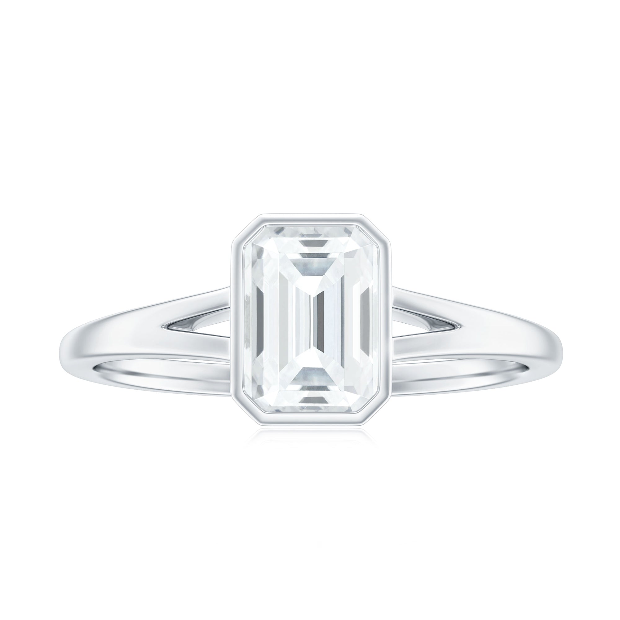 Bezel Set Emerald Cut Moissanite Solitaire Promise Ring in Spilt Shank Moissanite - ( D-VS1 ) - Color and Clarity - Rosec Jewels