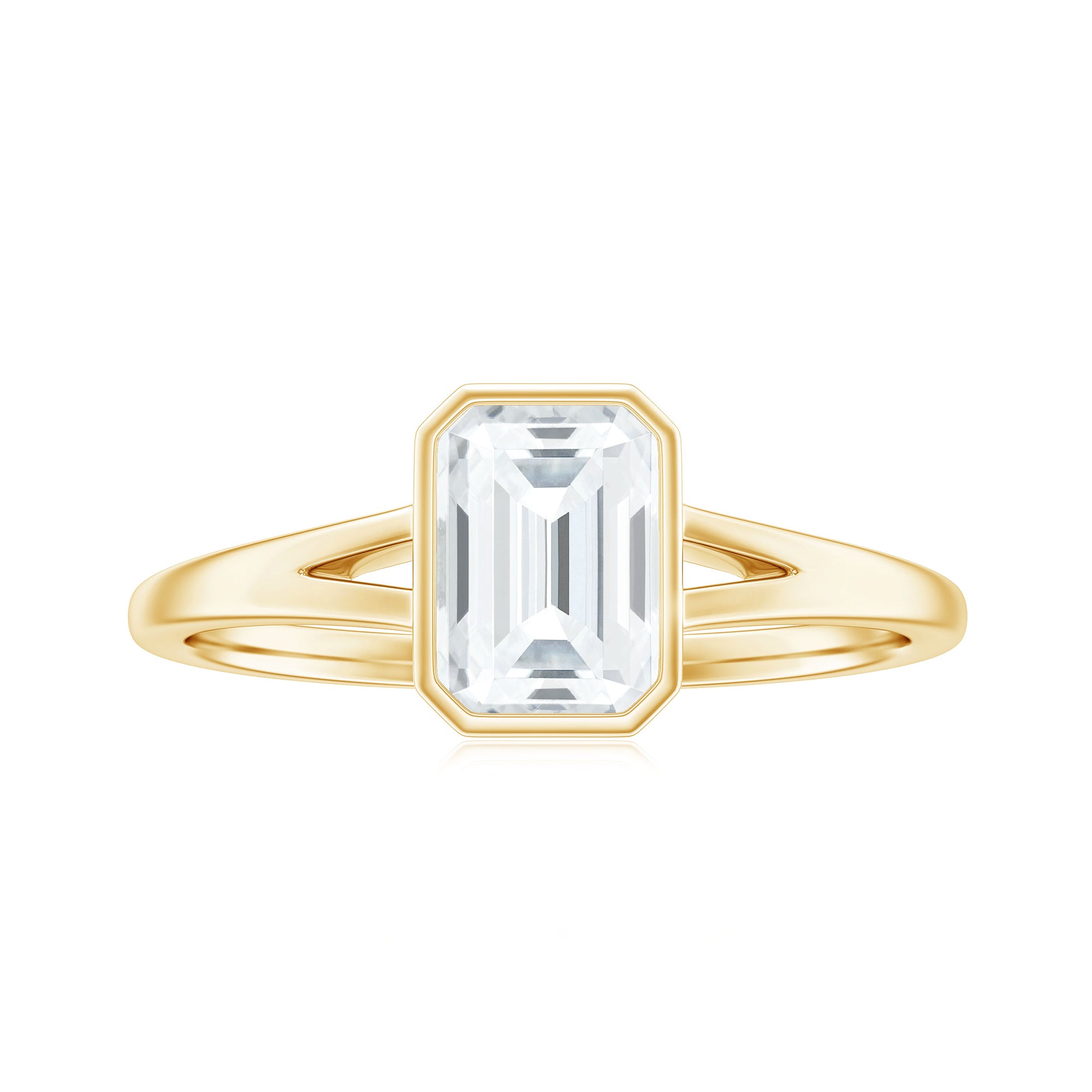 Bezel Set Emerald Cut Moissanite Solitaire Promise Ring in Spilt Shank Moissanite - ( D-VS1 ) - Color and Clarity - Rosec Jewels