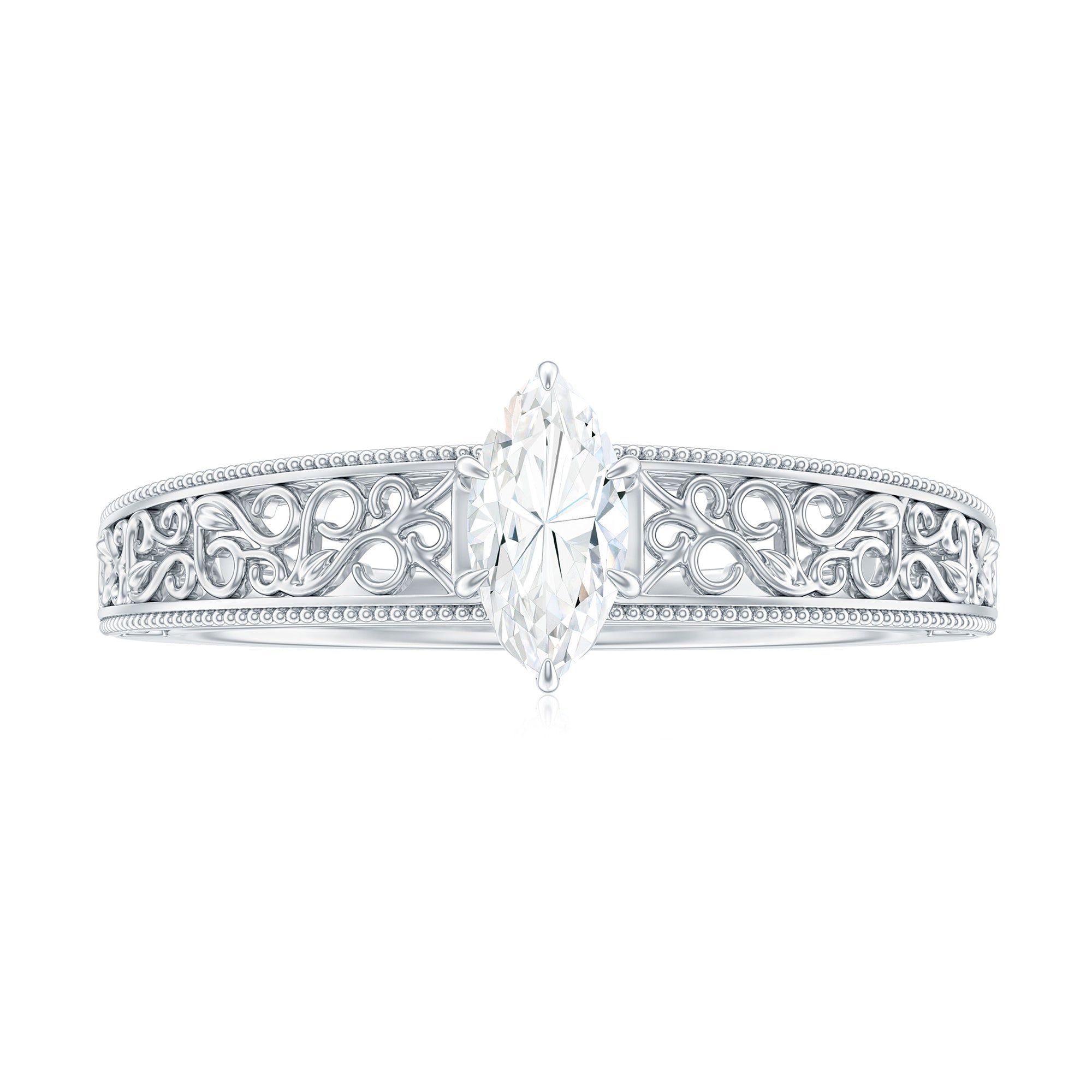 Marquise Cut Solitaire Moissanite Filigree Gold Engagement Ring Moissanite - ( D-VS1 ) - Color and Clarity - Rosec Jewels
